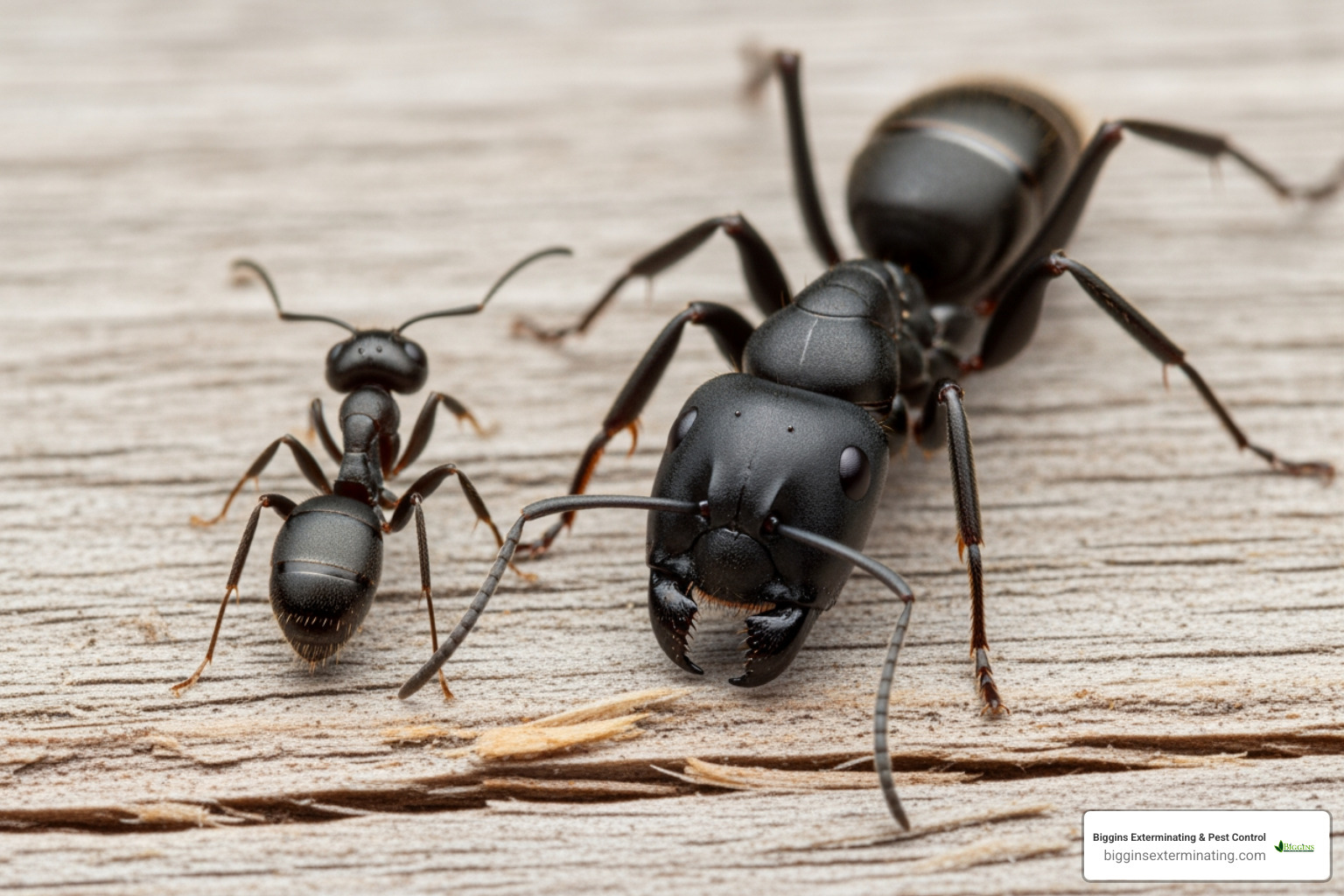 A large, black carpenter ant next to a smaller, dark pavement ant on a piece of wood for comparison - Ant control North Andover