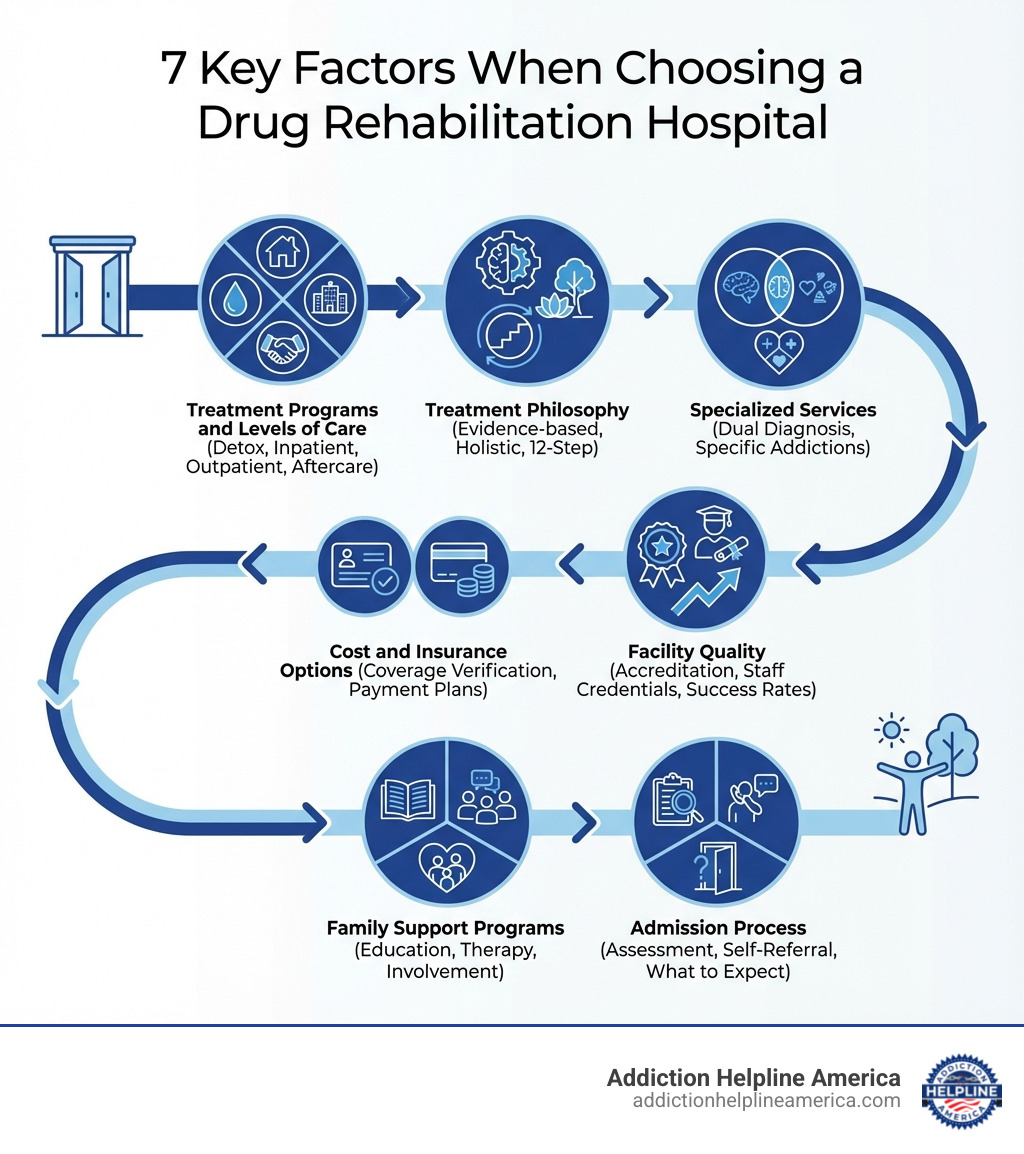 infographic showing 7 key factors when choosing a drug rehabilitation hospital: 1. Treatment Programs and Levels of Care (detox, inpatient, outpatient, aftercare), 2. Treatment Philosophy (evidence-based, holistic, 12-step), 3. Specialized Services (dual diagnosis, specific addictions), 4. Cost and Insurance Options (coverage verification, payment plans), 5. Facility Quality (accreditation, staff credentials, success rates), 6. Family Support Programs (education, therapy, involvement), 7. Admission Process (assessment, self-referral, what to expect) - drug rehabilitation hospital infographic infographic showing 7 key factors when choosing a drug rehabilitation hospital: 1. Treatment Programs and Levels of Care (detox, inpatient, outpatient, aftercare), 2. Treatment Philosophy (evidence-based, holistic, 12-step), 3. Specialized Services (dual diagnosis, specific addictions), 4. Cost and Insurance Options (coverage verification, payment plans), 5. Facility Quality (accreditation, staff credentials, success rates), 6. Family Support Programs (education, therapy, involvement), 7. Admission Process (assessment, self-referral, what to expect) - drug rehabilitation hospital infographic
