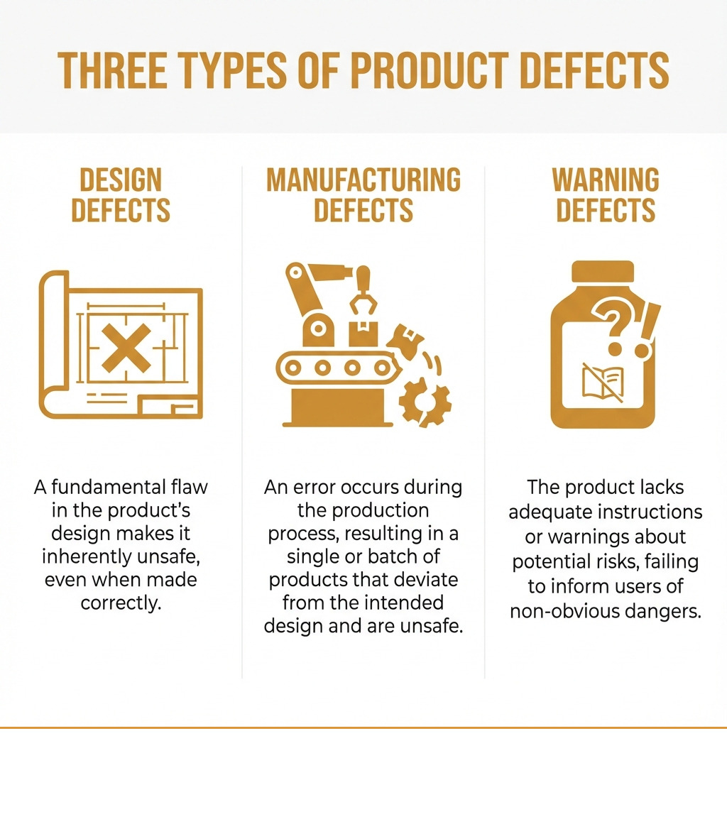infographic showing three types of product defects: Design Defects with an icon of a blueprint with an X, Manufacturing Defects with an icon of a broken assembly line, and Warning Defects with an icon of a product missing a caution label - Dangerous consumer products infographic infographic showing three types of product defects: Design Defects with an icon of a blueprint with an X, Manufacturing Defects with an icon of a broken assembly line, and Warning Defects with an icon of a product missing a caution label - Dangerous consumer products infographic