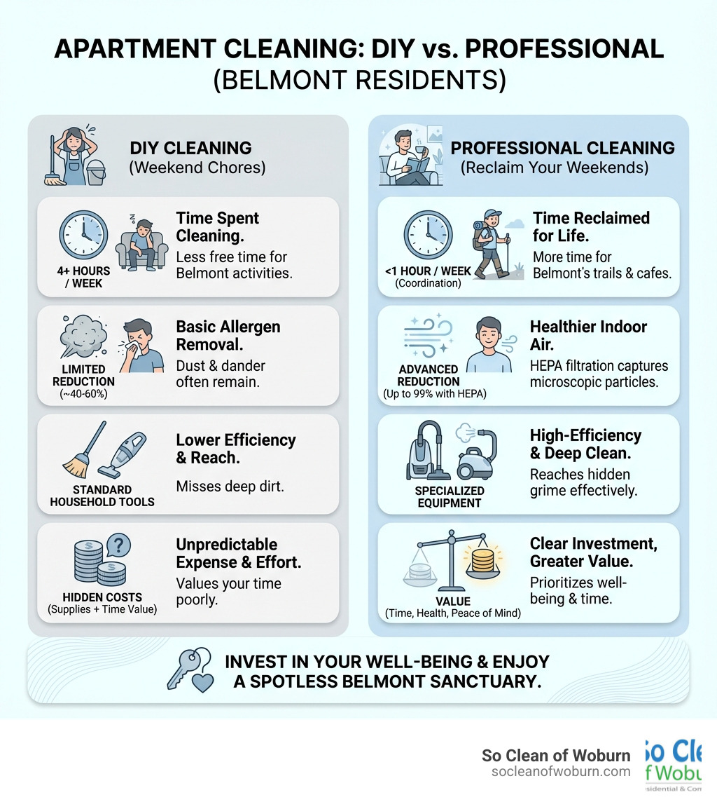 infographic comparing professional apartment cleaning benefits versus DIY cleaning, showing time saved per week, allergen reduction percentages, professional equipment advantages, and cost-benefit analysis for busy Belmont residents - apartment cleaning in belmont ma infographic 