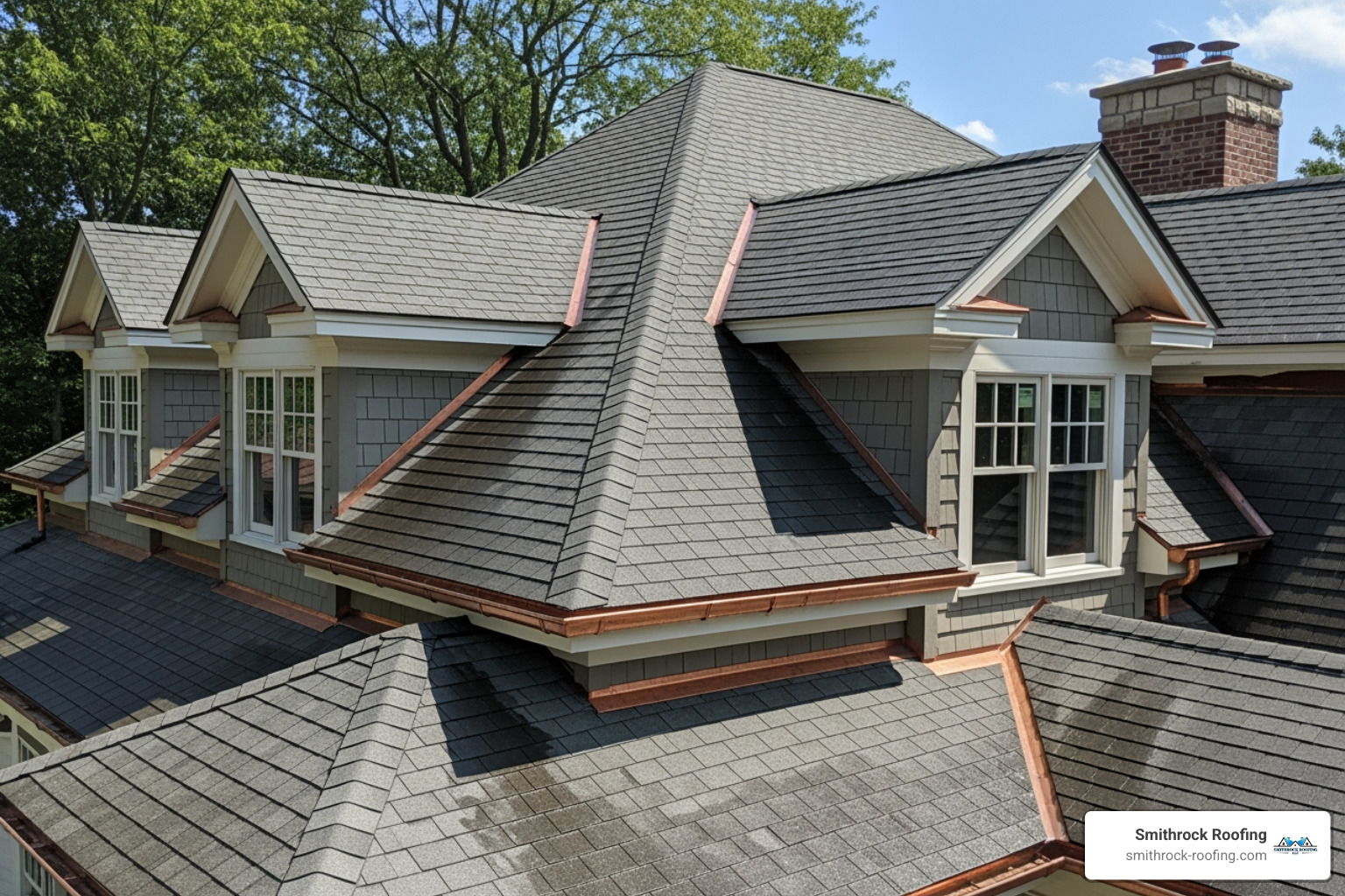 a complex roofline with multiple corners and valleys - price to install gutter guards