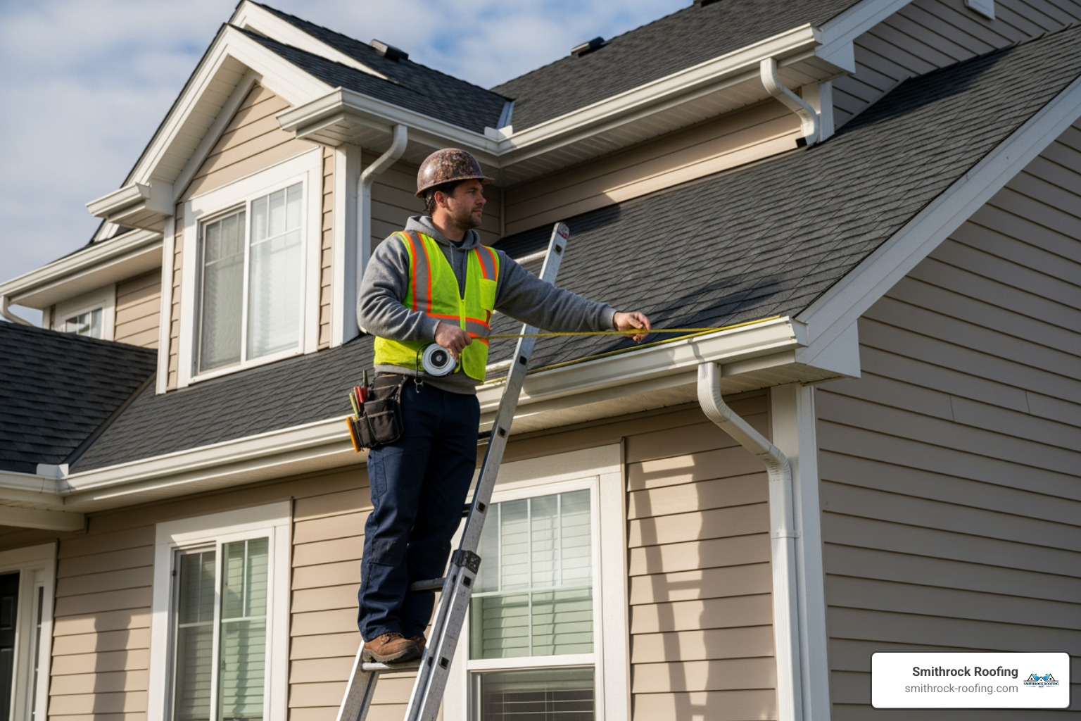 a contractor measuring a gutter run - price to install gutter guards
