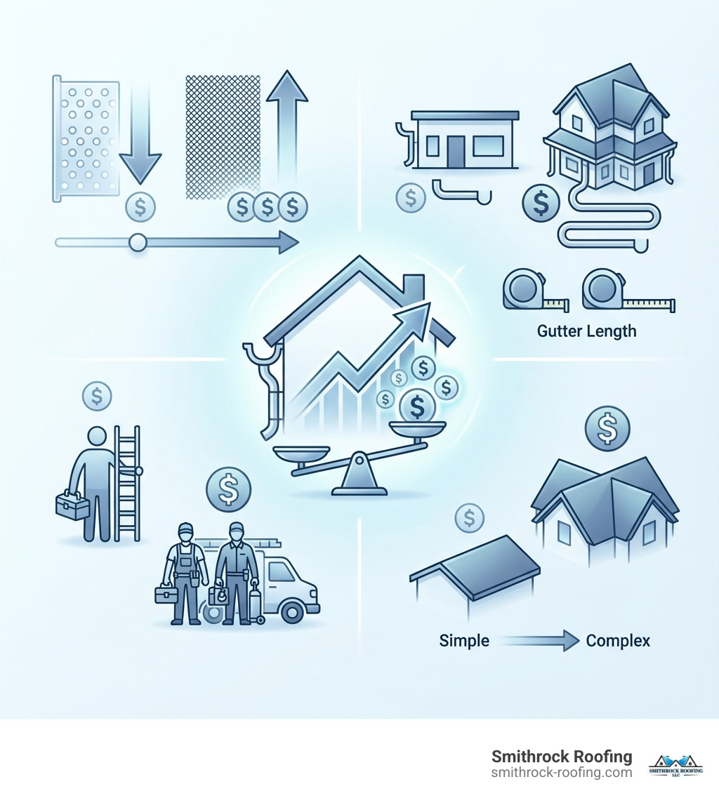 infographic explaining the key factors that influence gutter guard installation costs - price to install gutter guards infographic 