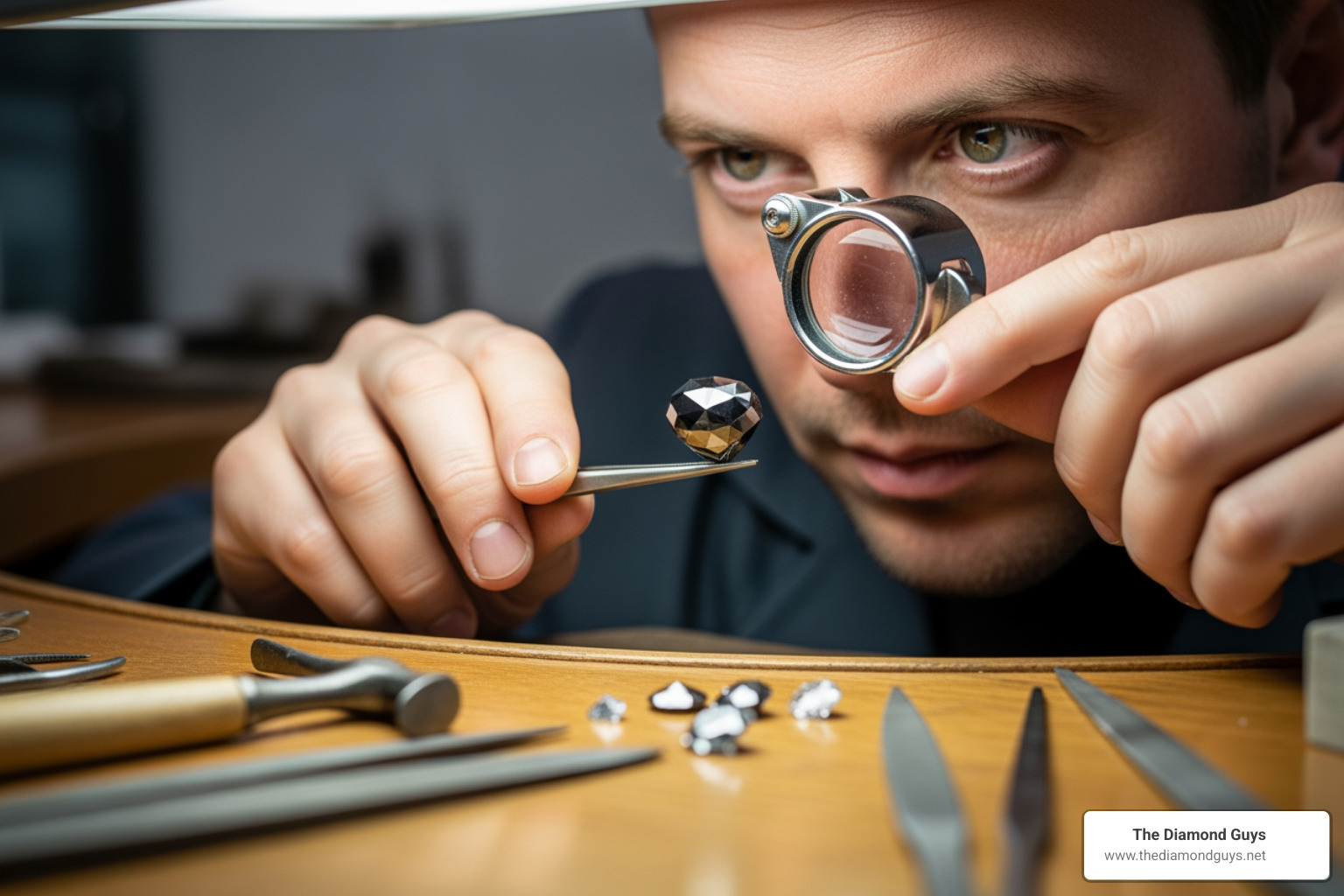 jeweler inspecting a black diamond with a loupe - guys black diamond earrings jeweler inspecting a black diamond with a loupe - guys black diamond earrings