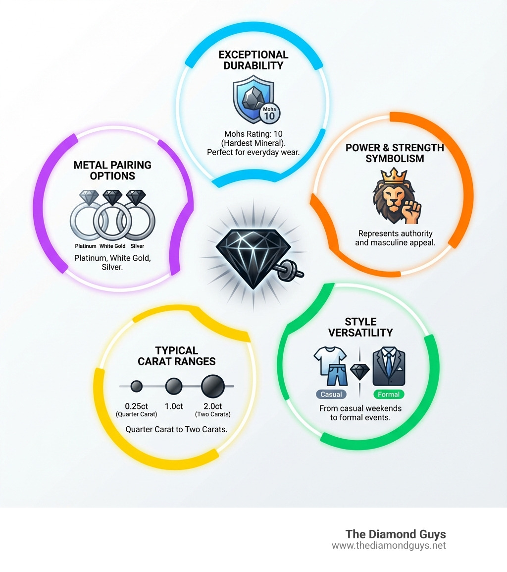 infographic showing the key advantages of black diamond earrings for men including durability ratings, symbolism of power and strength, style versatility across casual to formal settings, metal pairing options with platinum white gold and silver, and typical carat weight ranges from quarter carat to two carats - guys black diamond earrings infographic infographic showing the key advantages of black diamond earrings for men including durability ratings, symbolism of power and strength, style versatility across casual to formal settings, metal pairing options with platinum white gold and silver, and typical carat weight ranges from quarter carat to two carats - guys black diamond earrings infographic