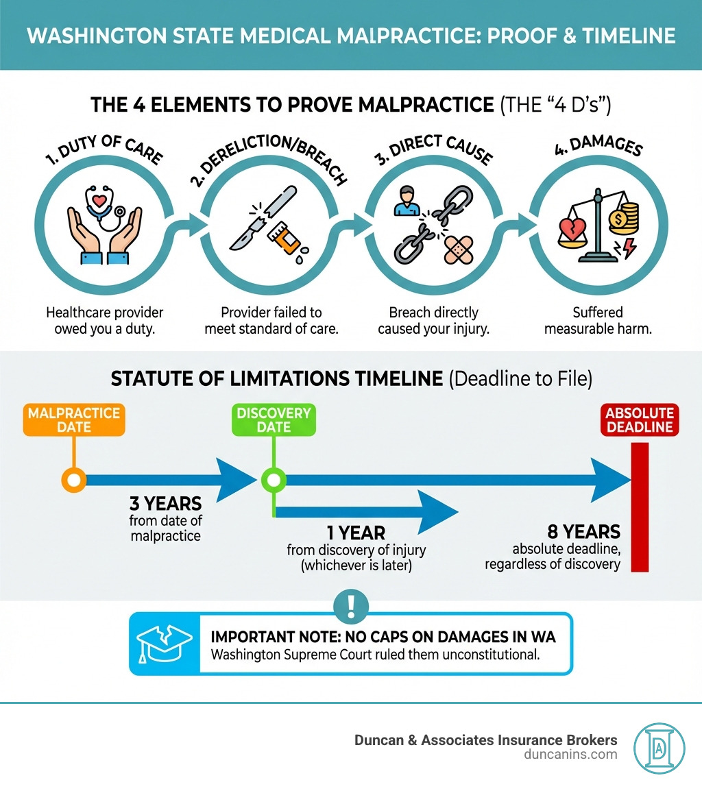 Infographic showing the four elements required to prove medical malpractice in Washington State: Duty of Care (healthcare provider owed you a duty), Dereliction/Breach (provider failed to meet the standard of care), Direct Cause (the breach directly caused your injury), and Damages (you suffered measurable harm). Timeline showing 3-year statute of limitations from malpractice date, 1-year from discovery, and 8-year absolute deadline. Note at bottom: No caps on damages in WA—Supreme Court ruled them unconstitutional. - Medical malpractice WA infographic 
