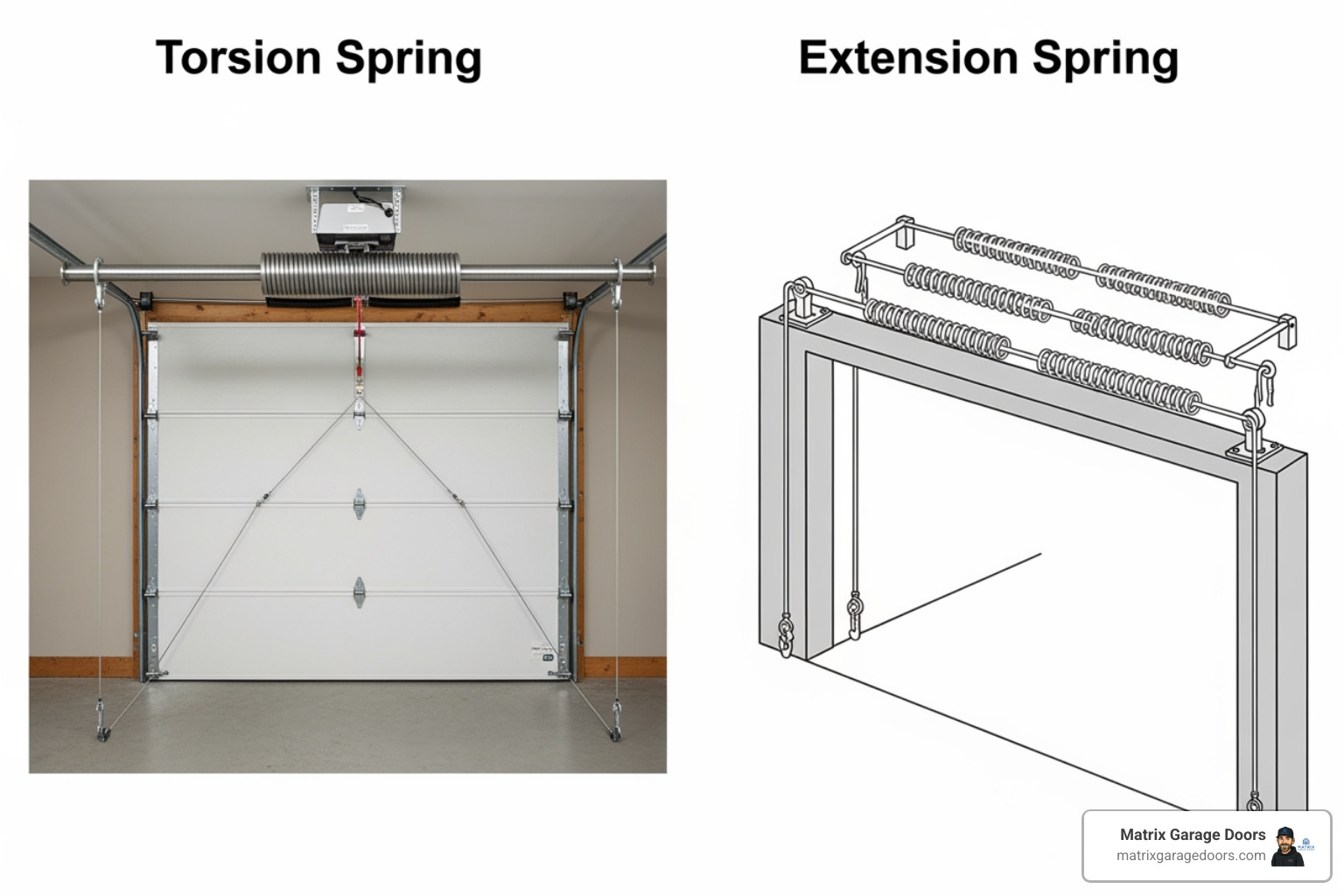 illustrating the difference between a torsion spring (above the door) and extension springs (along the sides) - cost to replace springs in garage door