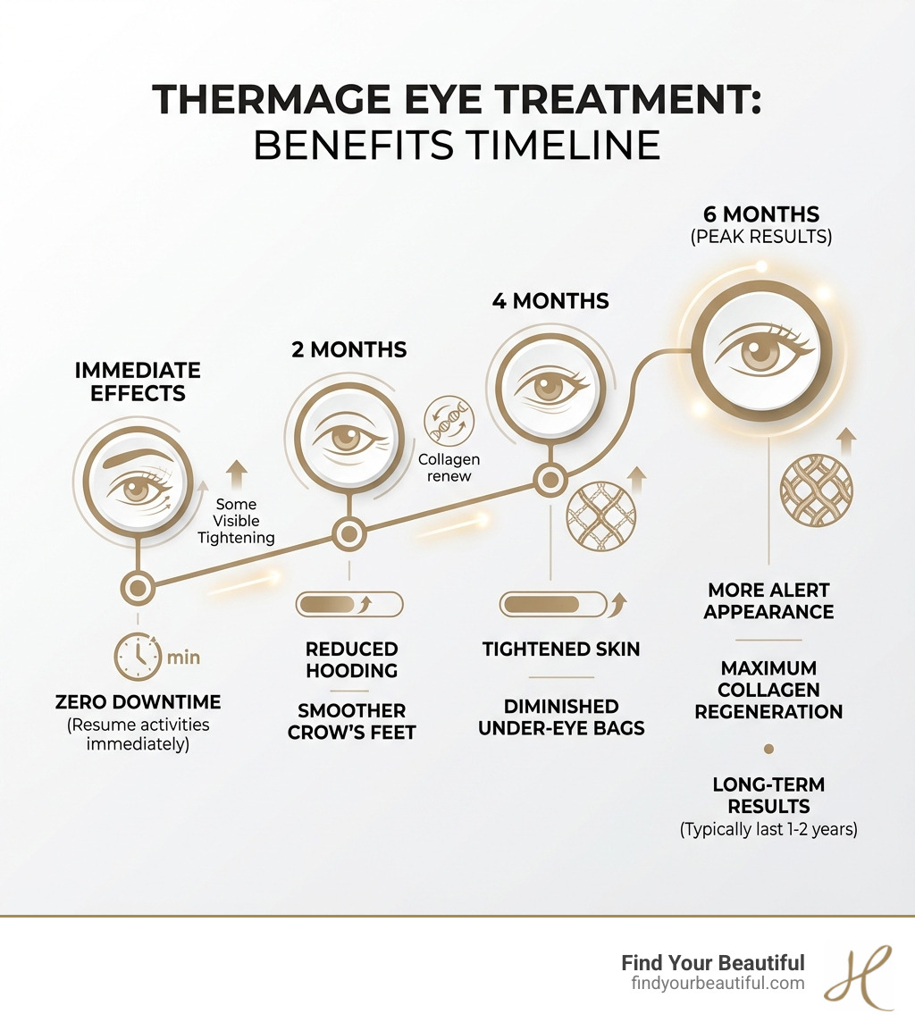 infographic showing thermage eye treatment benefits timeline from immediate effects through 6 months with key improvements at each stage including reduced hooding tightened skin smoother wrinkles and more alert appearance plus zero downtime advantage - thermage eyes before and after infographic 