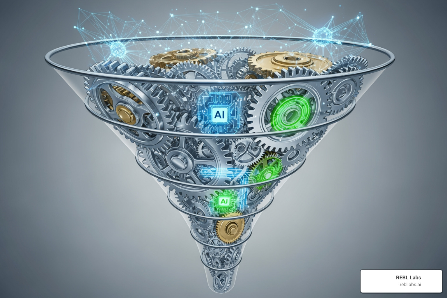 A streamlined sales funnel with gears and AI symbols - AI for inbound leads