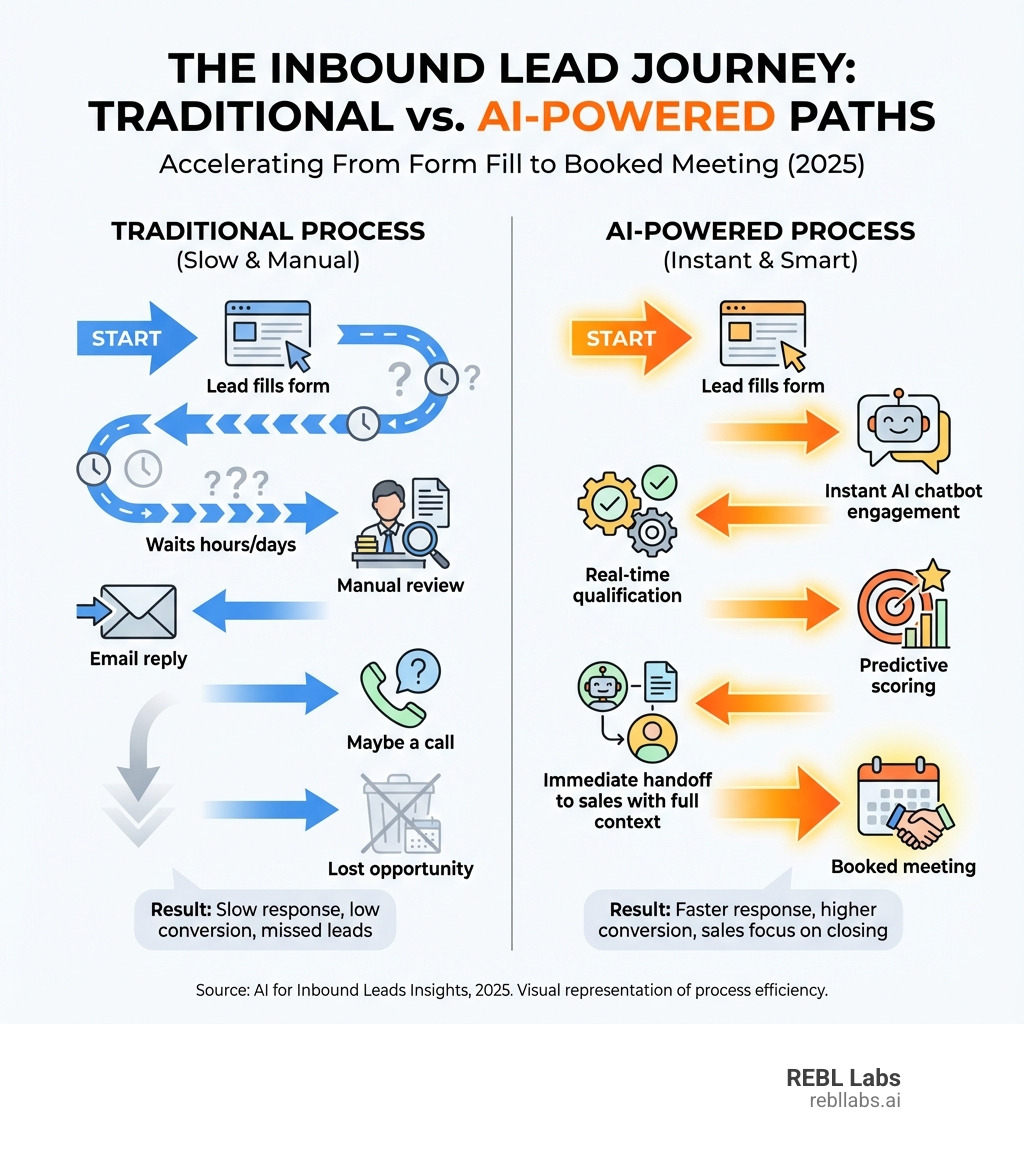 Infographic showing the journey of an inbound lead through two paths: Traditional Process (lead fills form → waits hours/days → manual review → email reply → maybe a call → lost opportunity) vs AI-Powered Process (lead fills form → instant AI chatbot engagement → real-time qualification → predictive scoring → immediate handoff to sales with full context → booked meeting) - AI for inbound leads infographic 