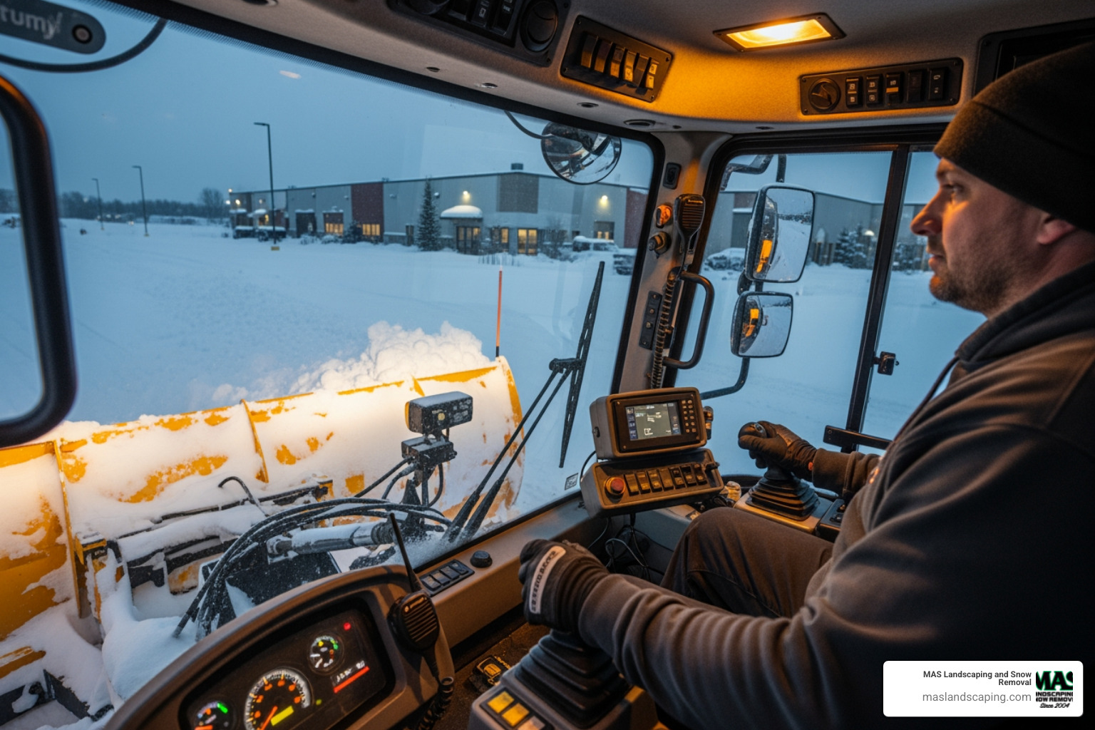 A trained operator in a snow plow cab, focused on clearing snow from a commercial property - commercial snow removal rates