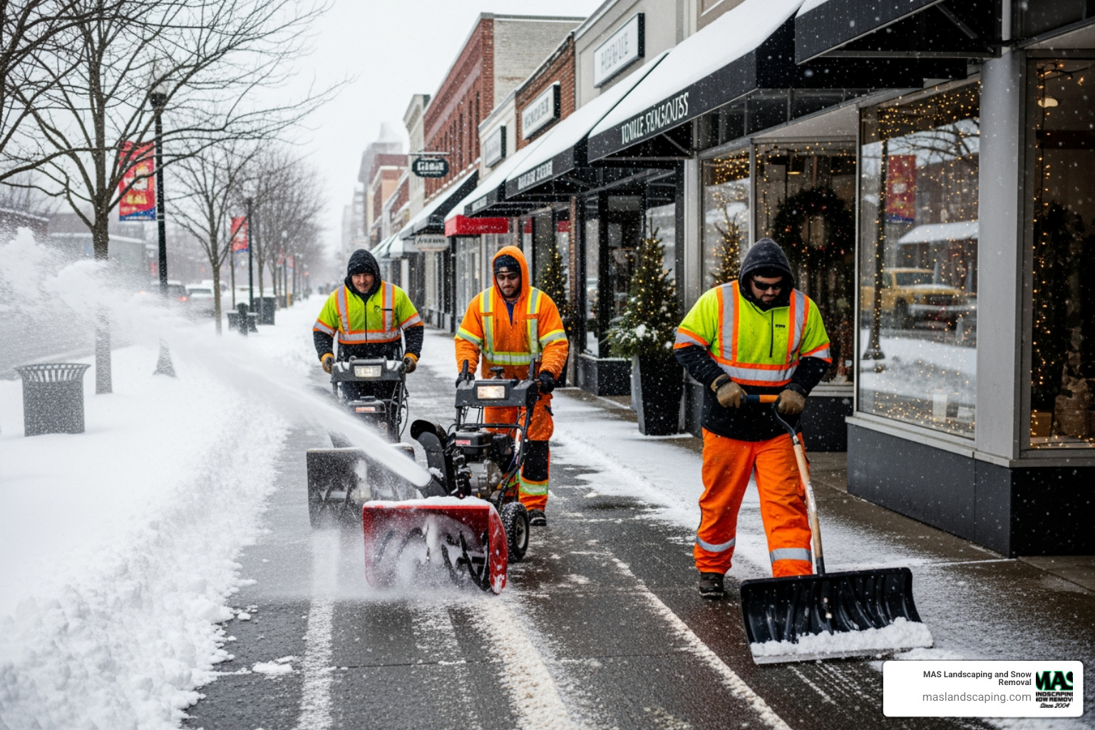 A snow removal team diligently clearing commercial sidewalks after a fresh snowfall, ensuring pedestrian safety - commercial snow removal rates