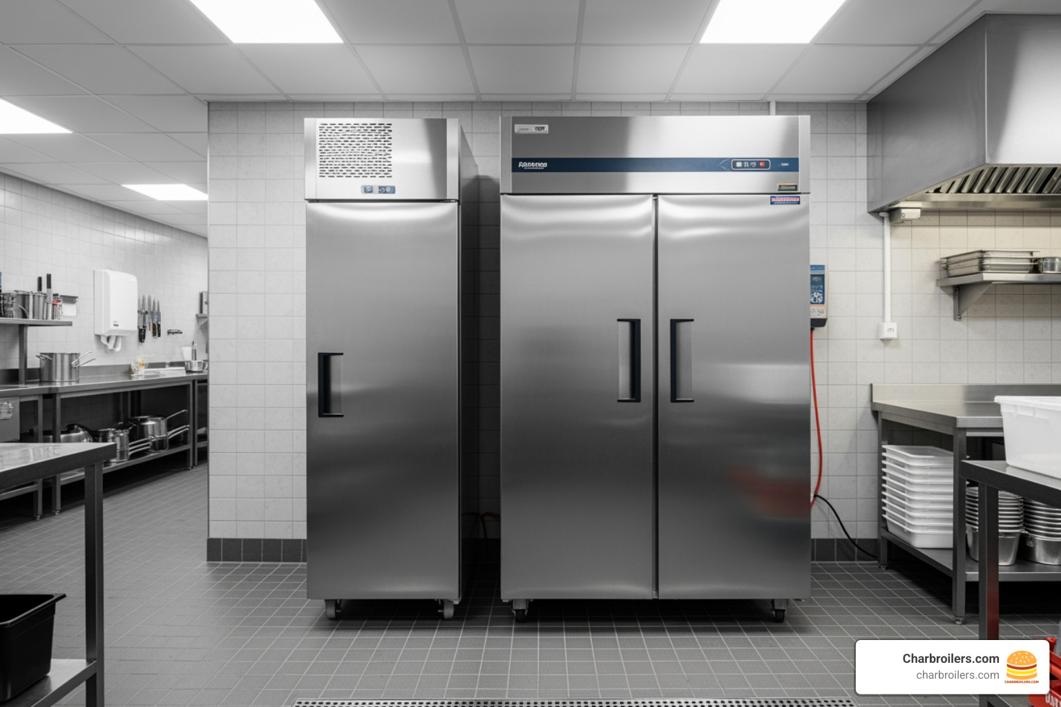 Side-by-side comparison of a single and double door Foster freezer - foster commercial upright freezer