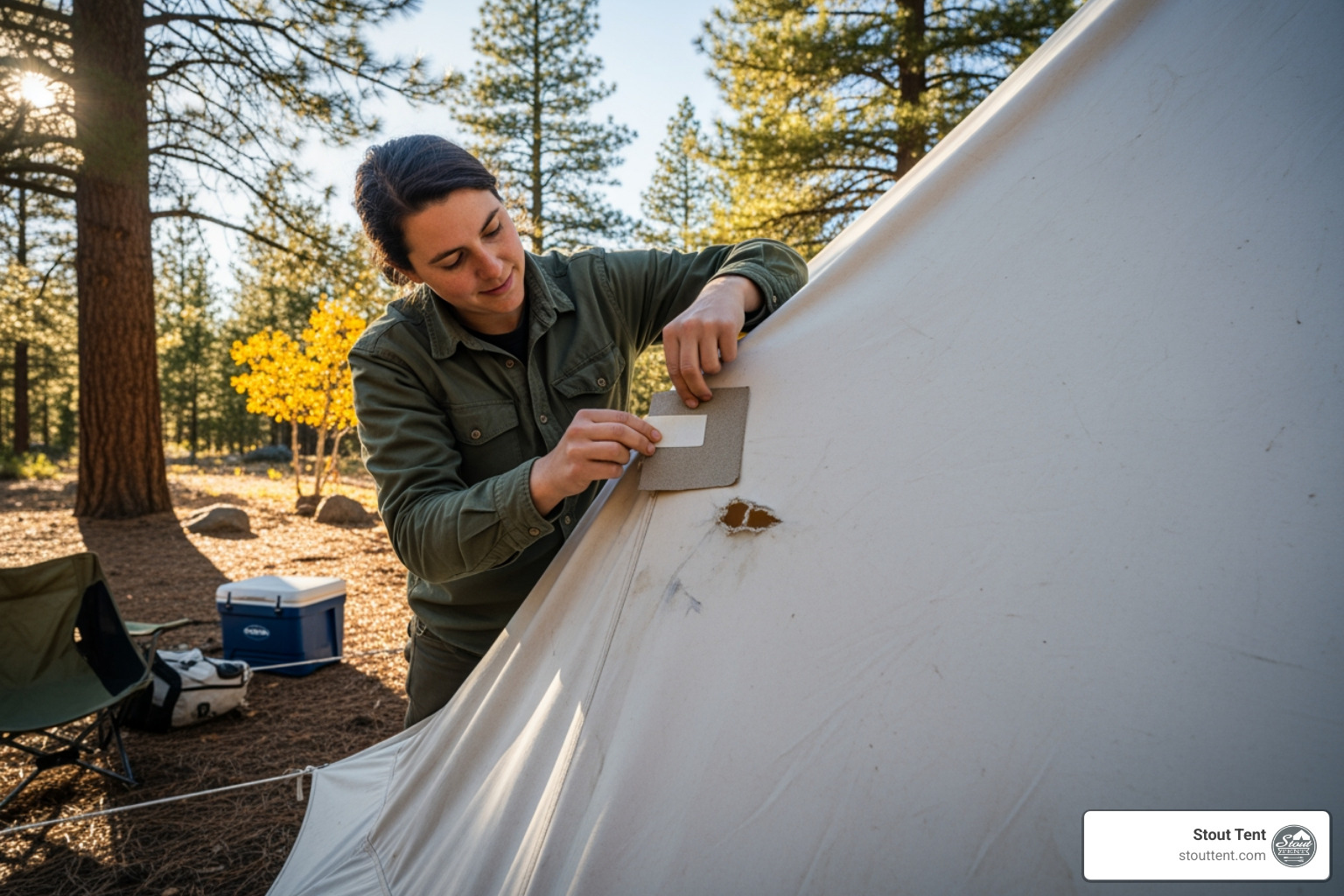 person applying patch to canvas tent - Tent repair kit