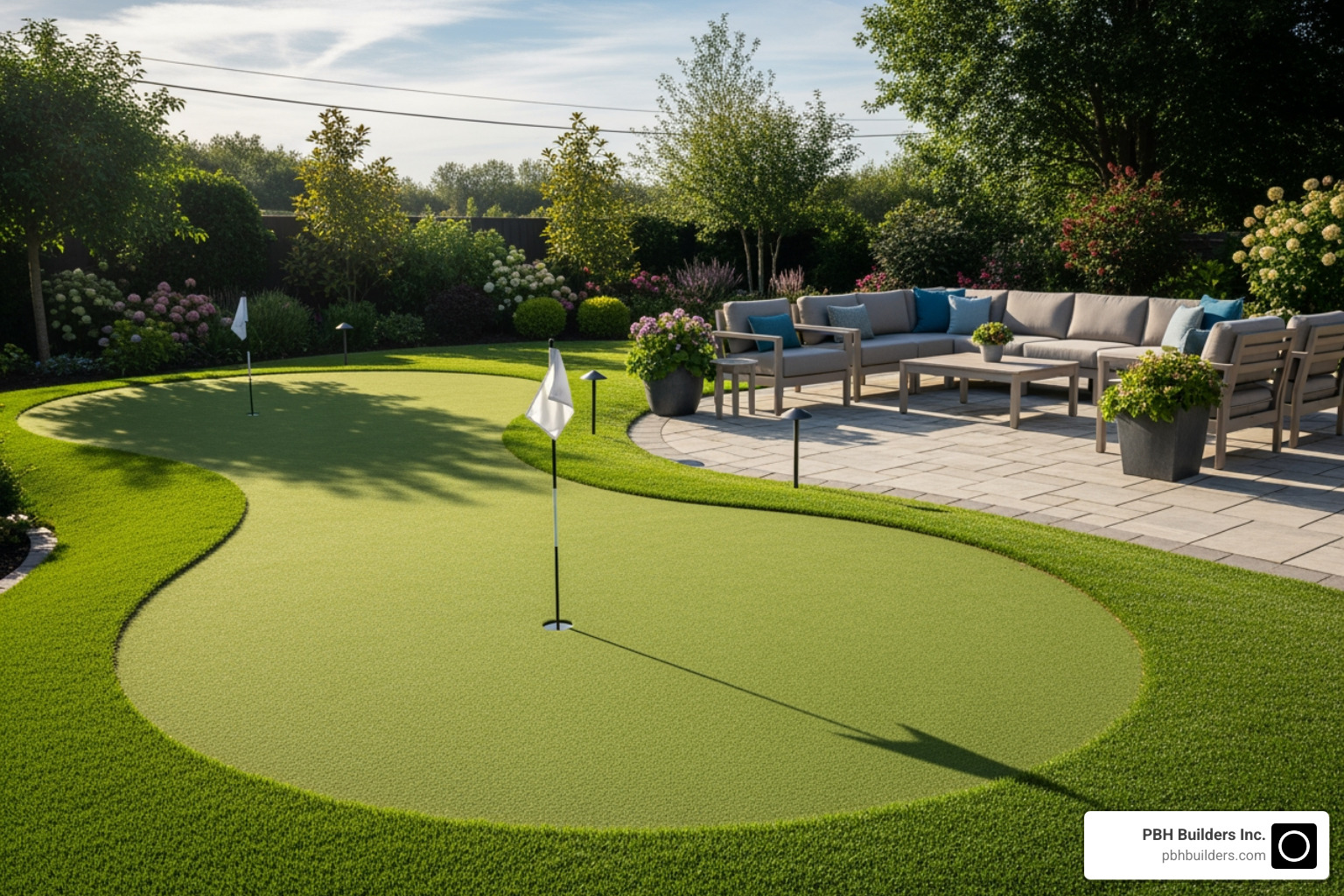 Custom backyard putting green next to a patio - Artificial Grass Del Mar