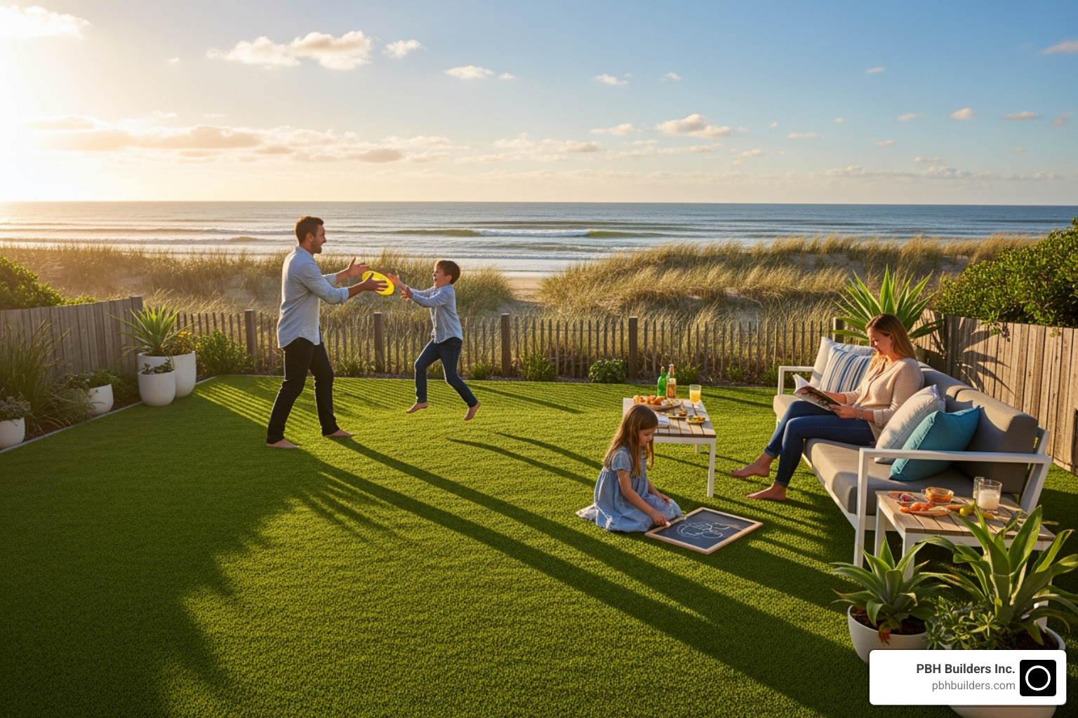 Family enjoying a pristine artificial grass backyard - Artificial Grass Del Mar