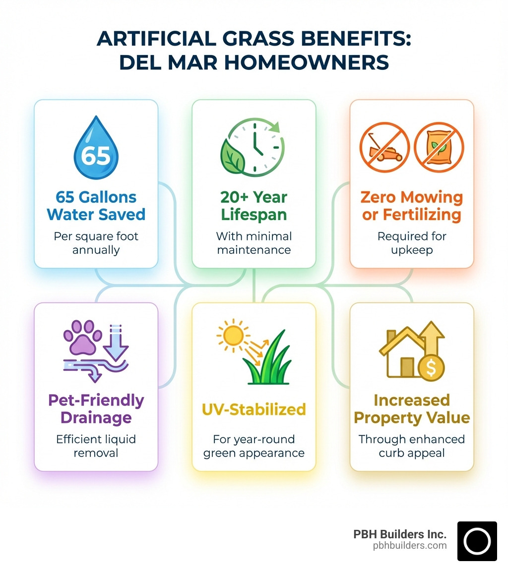 Infographic showing artificial grass benefits for Del Mar homeowners: 65 gallons water saved per square foot annually, 20+ year lifespan with minimal maintenance, zero mowing or fertilizing required, pet-friendly drainage system, UV-stabilized for year-round green appearance, and increased property value through enhanced curb appeal - Artificial Grass Del Mar infographic 