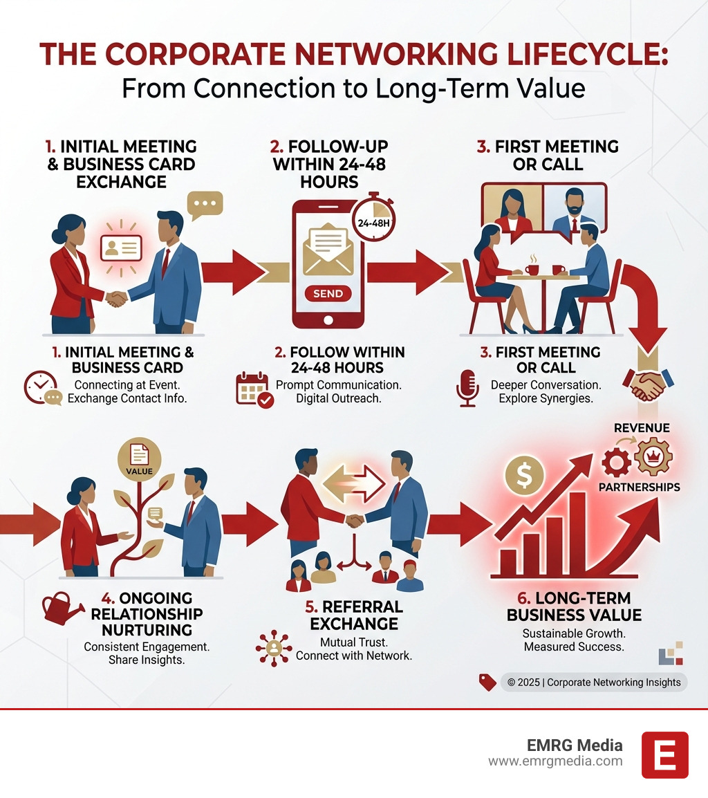 infographic showing the networking lifecycle from initial meeting and business card exchange to follow-up within 24-48 hours, first meeting or call, ongoing relationship nurturing, referral exchange, and long-term business value measured in revenue and partnerships - Corporate networking events infographic infographic showing the networking lifecycle from initial meeting and business card exchange to follow-up within 24-48 hours, first meeting or call, ongoing relationship nurturing, referral exchange, and long-term business value measured in revenue and partnerships - Corporate networking events infographic