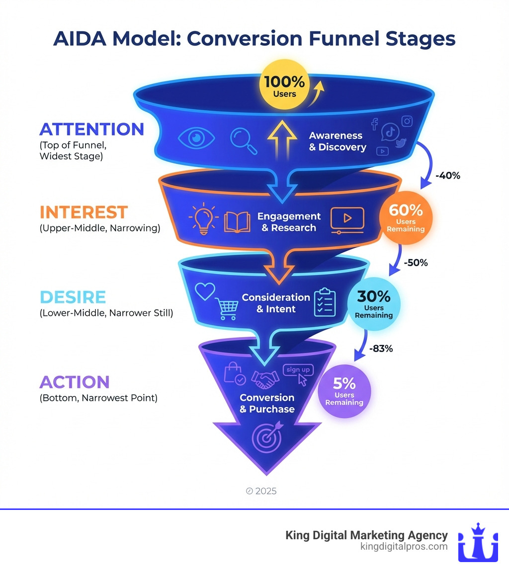 infographic showing the AIDA model stages: Attention (top of funnel, widest), Interest (upper-middle, narrowing), Desire (lower-middle, narrower still), and Action (bottom, narrowest point), with percentages showing progressive reduction of users at each stage - Conversion Funnel Optimization infographic Infographic Showing The Aida Model Stages: Attention (Top Of Funnel, Widest), Interest (Upper-Middle, Narrowing), Desire (Lower-Middle, Narrower Still), And Action (Bottom, Narrowest Point), With Percentages Showing Progressive Reduction Of Users At Each Stage - Conversion Funnel Optimization Infographic