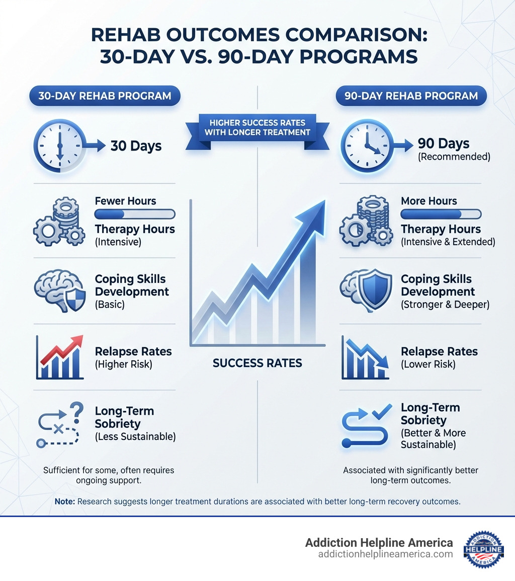 infographic comparing outcomes of 30-day vs 90-day rehab programs showing higher success rates, lower relapse rates, more therapy hours, stronger coping skills development, and better long-term sobriety for 90-day programs - 90 day inpatient rehab programs infographic 