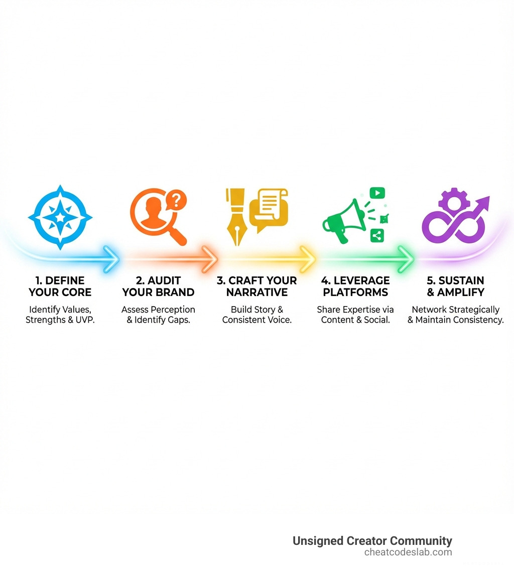 infographic showing the 5 key stages of personal brand development with icons for define, audit, craft, leverage, and sustain - Personal brand development infographic 
