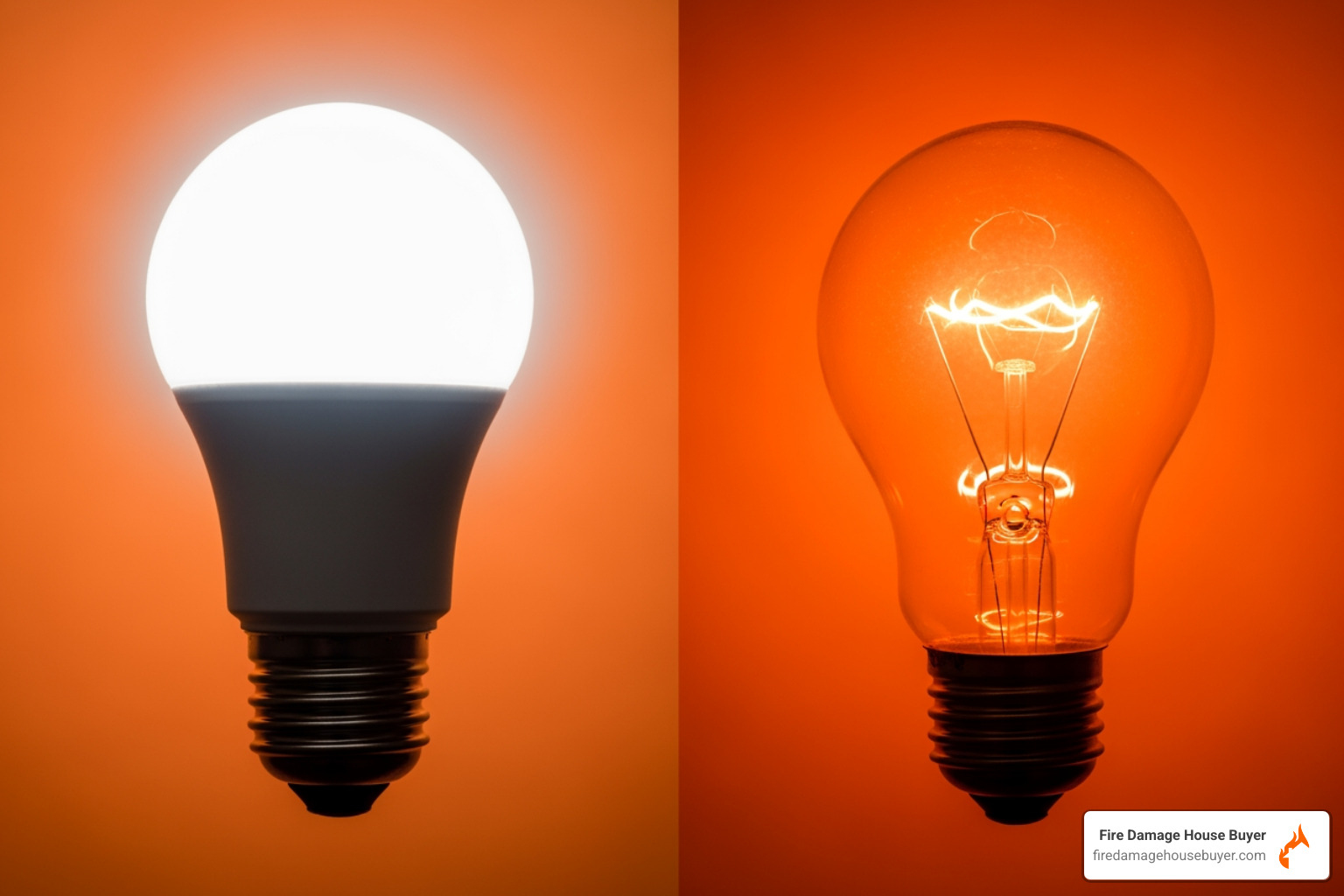 Side-by-side comparison of a cool-to-the-touch LED bulb and a visibly hot incandescent bulb - are led lights a fire hazard Side-by-side comparison of a cool-to-the-touch LED bulb and a visibly hot incandescent bulb - are led lights a fire hazard