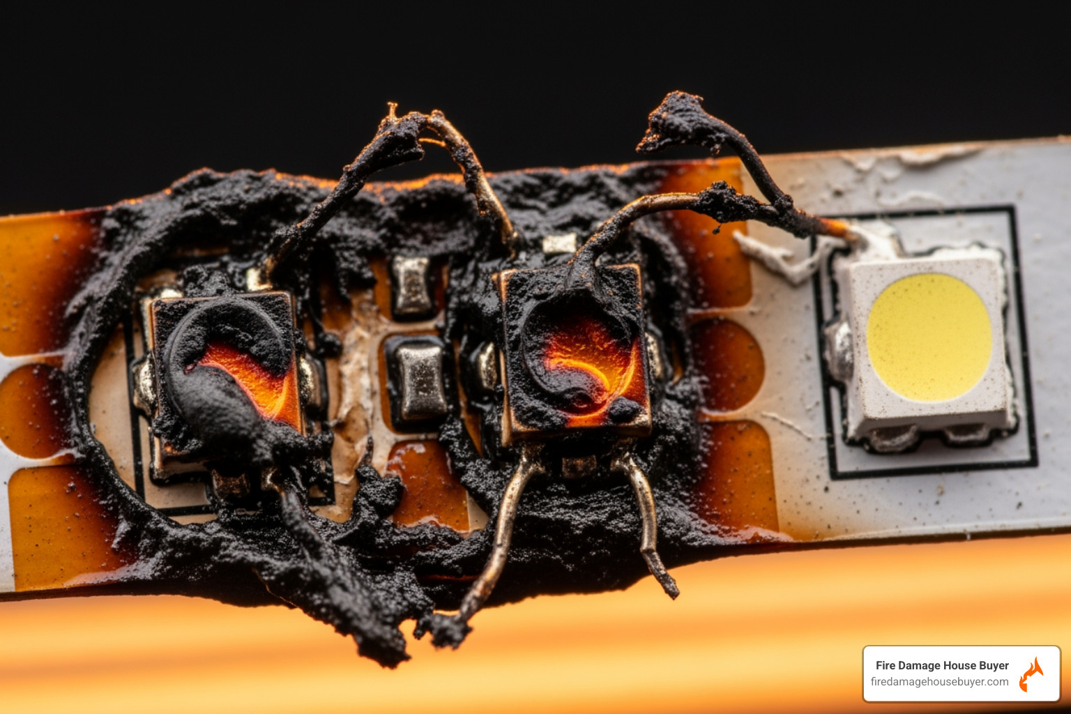 Melted or burnt section of a cheap LED strip light illustrating a failure point - are led lights a fire hazard Melted or burnt section of a cheap LED strip light illustrating a failure point - are led lights a fire hazard