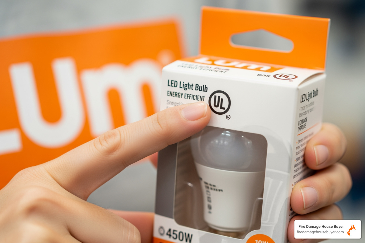 Person checking the UL certification mark on an LED bulb package - are led lights a fire hazard Person checking the UL certification mark on an LED bulb package - are led lights a fire hazard