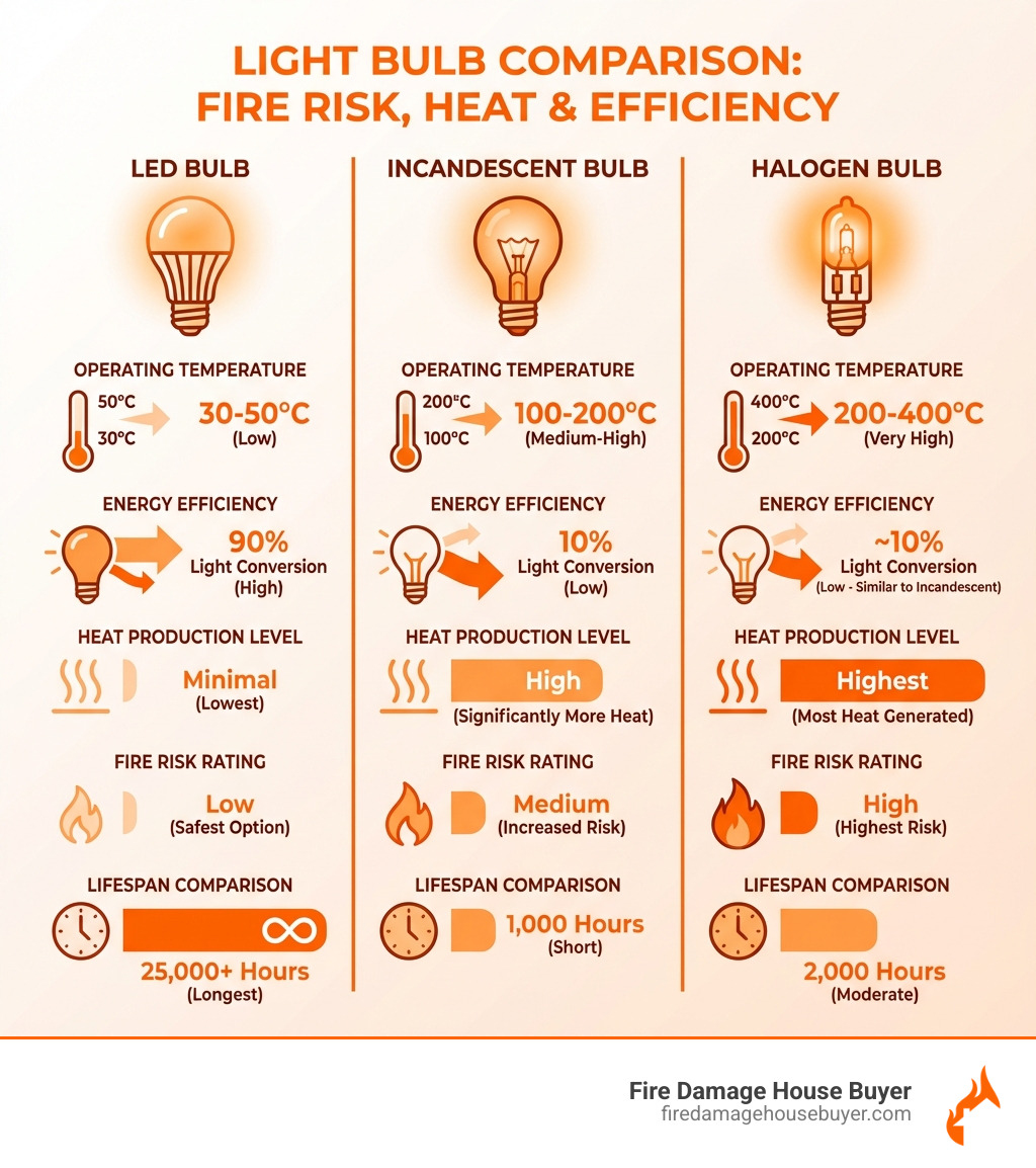 Infographic comparing LED, incandescent, and halogen bulbs showing operating temperatures - are led lights a fire hazard Infographic comparing LED, incandescent, and halogen bulbs showing operating temperatures - are led lights a fire hazard