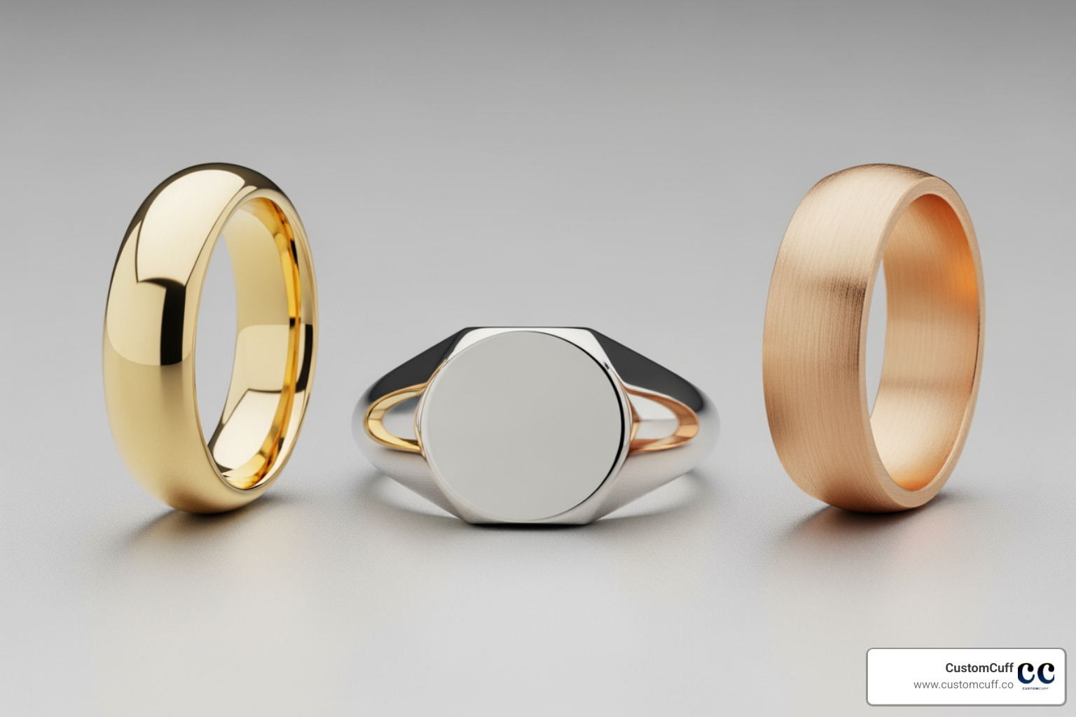 Yellow, white, and rose gold men's rings side by side. - gold name rings for men