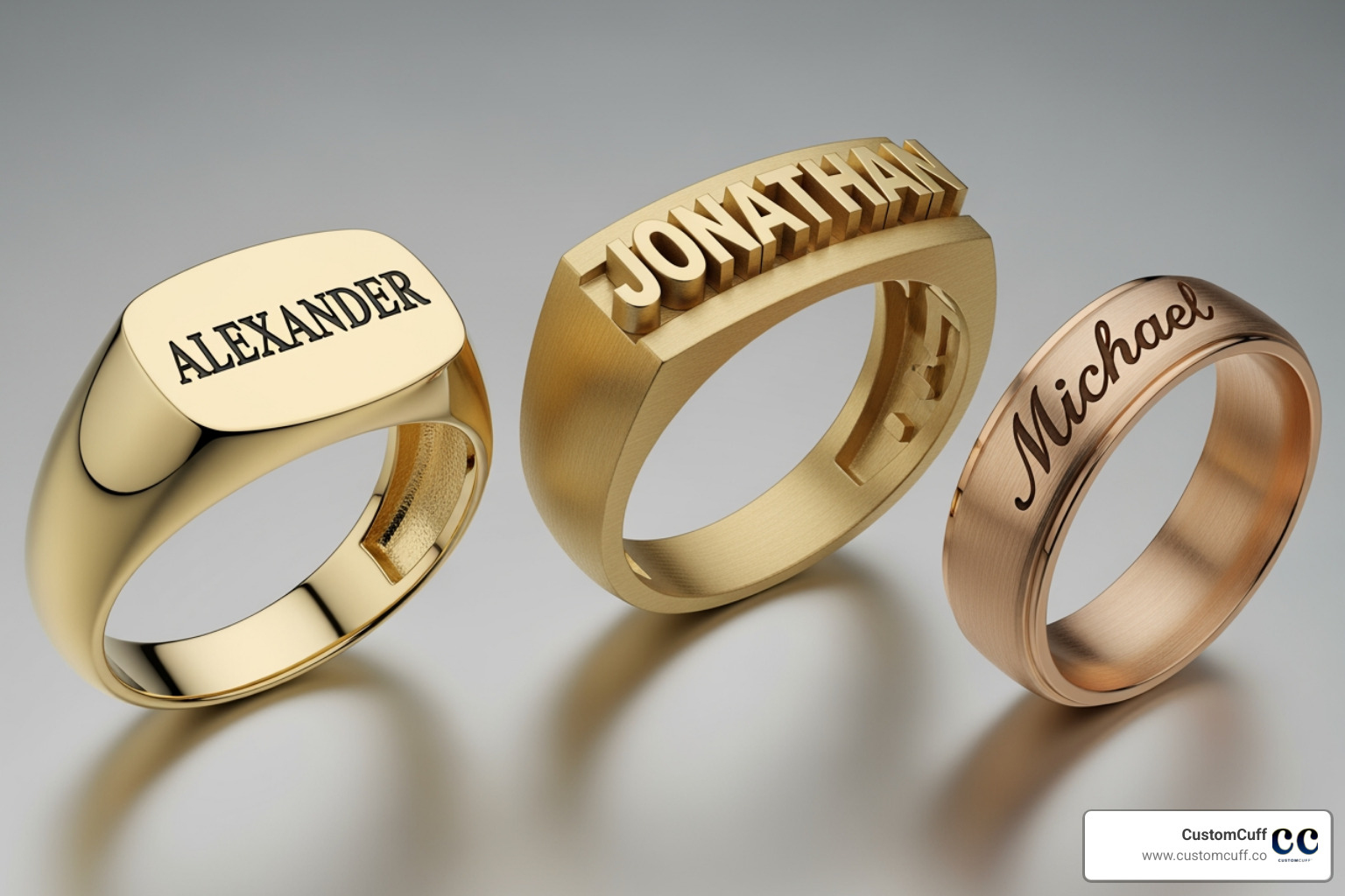 Three different styles of gold name rings for men side-by-side: a classic signet-inspired, a bold block-letter ring, and a sleek engraved band. - gold name rings for men