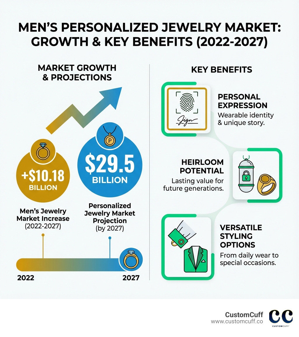 Infographic showing the growth of men's personalized jewelry market from 2022 to 2027, highlighting the $10.18 billion increase in men's jewelry and $29.5 billion personalized jewelry market projection, with key benefits: personal expression, heirloom potential, and versatile styling options - gold name rings for men infographic 