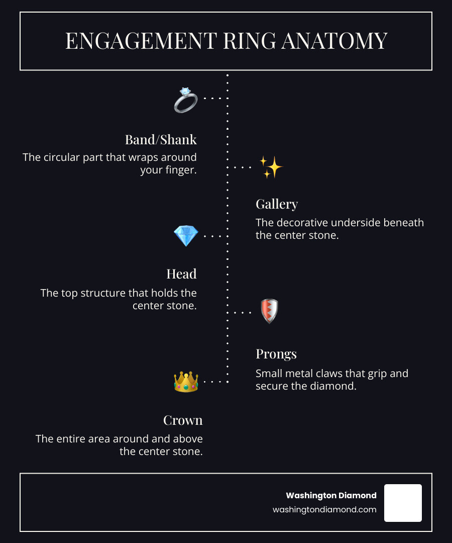 infographic showing the anatomy of an engagement ring with labeled parts including the band, shank, gallery, prongs, head, and crown, illustrating how each component contributes to the ring's security and aesthetic - engagement ring settings infographic infographic-line-5-steps-dark