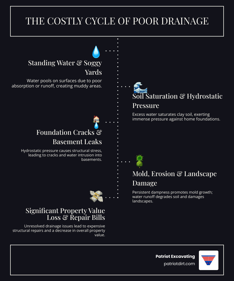 infographic showing the progression of drainage problems: standing water leads to soil saturation, which causes hydrostatic pressure on foundations, resulting in cracks, basement leaks, mold growth, and landscape erosion, with costs increasing at each stage - drainage in greenwood indiana infographic infographic-line-5-steps-dark