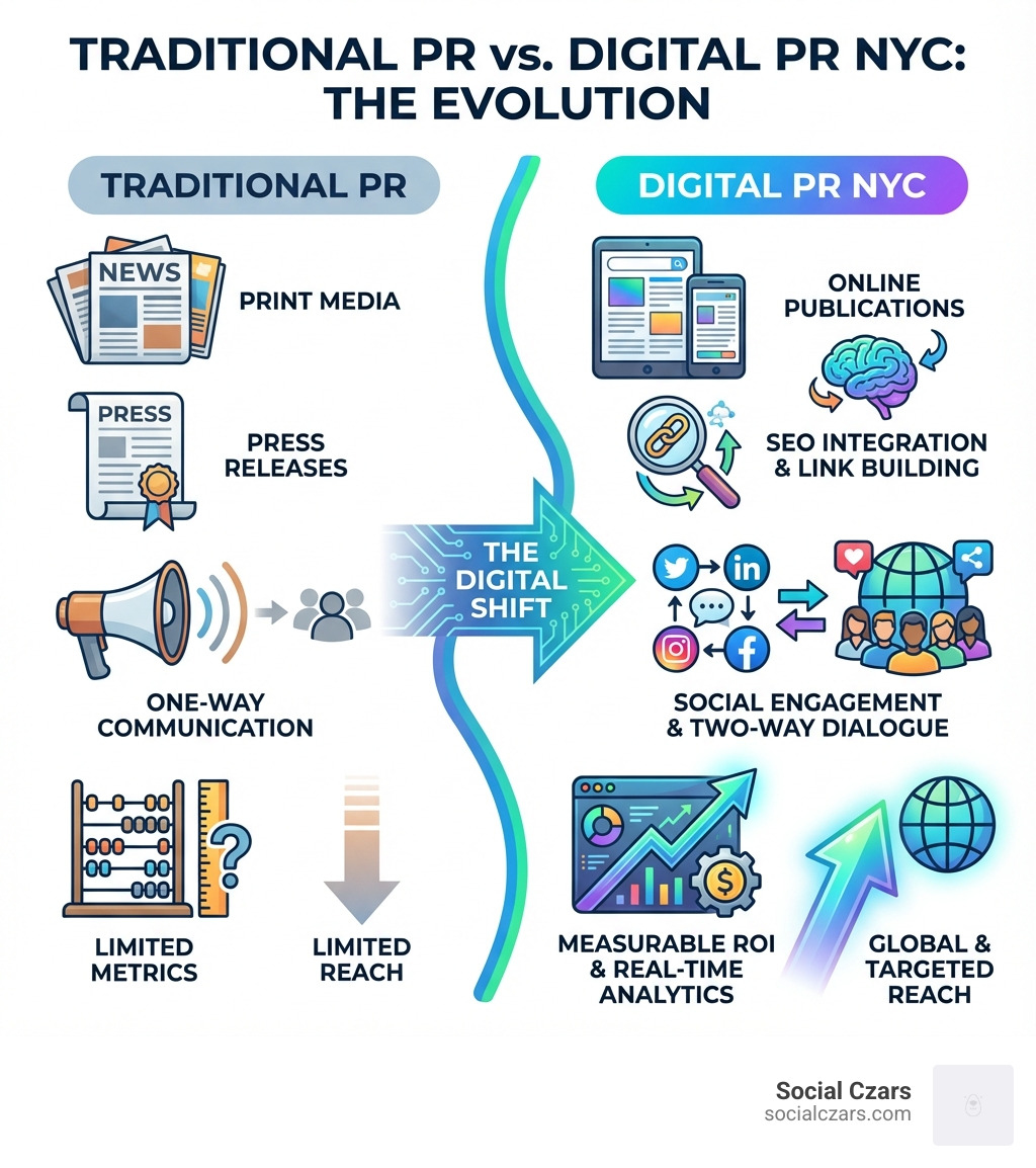 Infographic comparing Traditional PR (print media, press releases, limited metrics, one-way communication) versus Digital PR NYC (online publications, SEO integration, link building, measurable ROI, social media engagement, data-driven strategies, and real-time analytics) - digital PR NYC infographic Infographic comparing Traditional PR (print media, press releases, limited metrics, one-way communication) versus Digital PR NYC (online publications, SEO integration, link building, measurable ROI, social media engagement, data-driven strategies, and real-time analytics) - digital PR NYC infographic