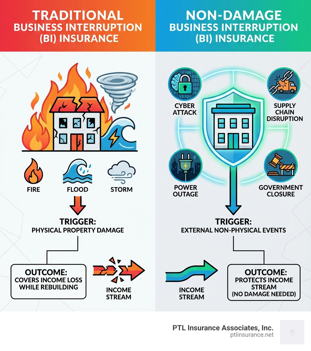 Infographic comparing traditional business interruption insurance triggered by physical property damage events like fire, flood, or storm versus non-damage business interruption insurance triggered by external non-physical events like cyber attacks, supply chain disruptions, power outages, and government closures, showing that non-damage BI protects your income stream even when your property is undamaged - non damage business interruption insurance infographic Infographic comparing traditional business interruption insurance triggered by physical property damage events like fire, flood, or storm versus non-damage business interruption insurance triggered by external non-physical events like cyber attacks, supply chain disruptions, power outages, and government closures, showing that non-damage BI protects your income stream even when your property is undamaged - non damage business interruption insurance infographic