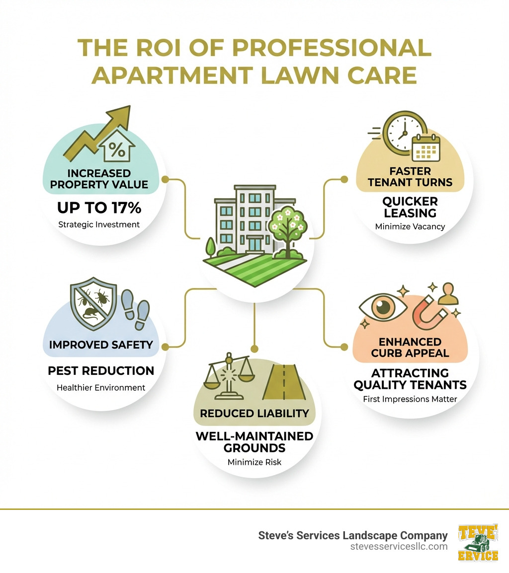 infographic showing benefits of professional apartment lawn care including increased property value up to 17 percent, faster tenant turns, improved safety through pest reduction, enhanced curb appeal attracting quality tenants, and reduced liability from well-maintained grounds - apartment facility lawn care infographic 