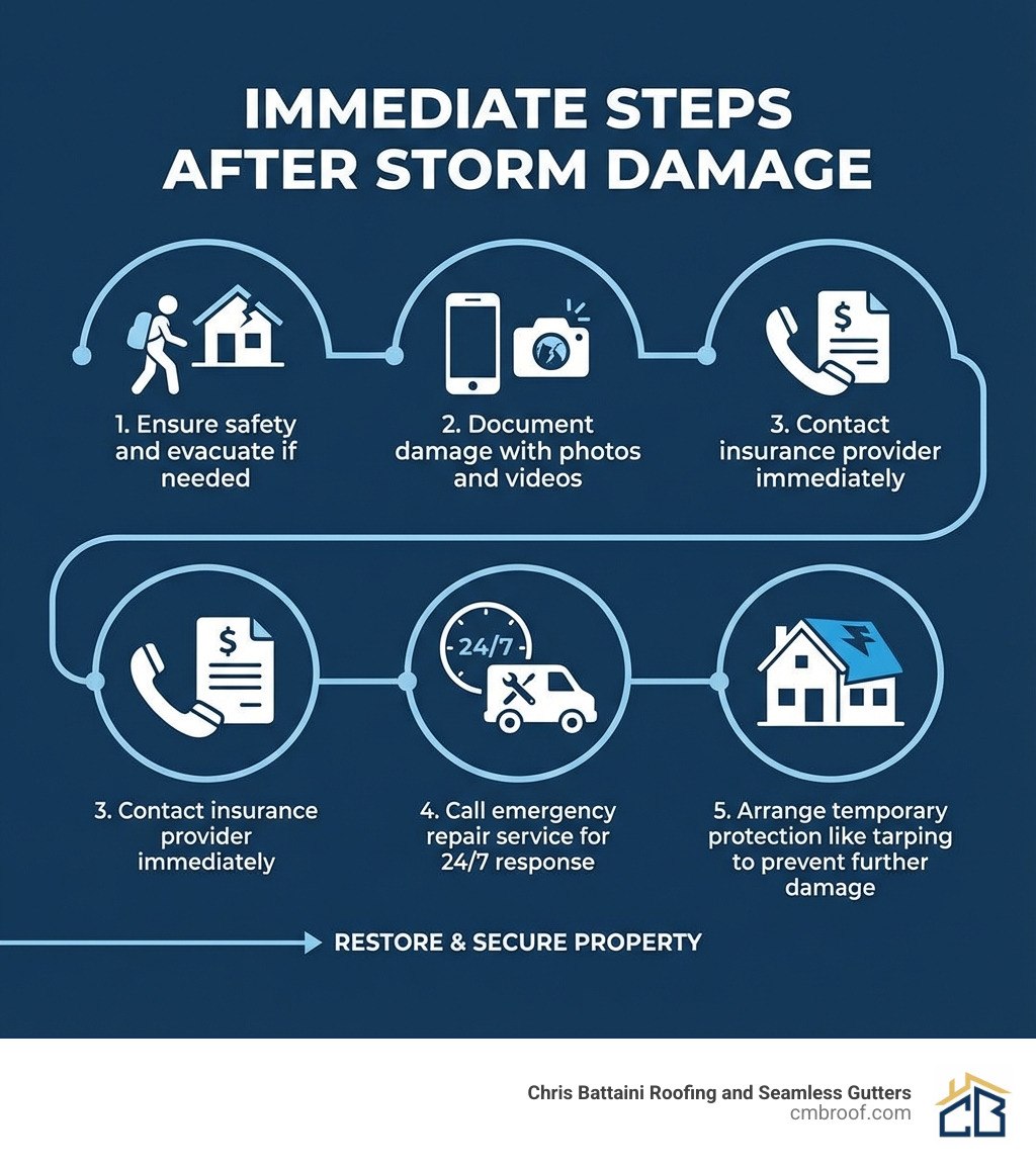 infographic showing the 5 immediate steps after storm damage: 1. Ensure safety and evacuate if needed, 2. Document damage with photos and videos, 3. Contact insurance provider immediately, 4. Call emergency repair service for 24/7 response, 5. Arrange temporary protection like tarping to prevent further damage - emergency storm damage repair infographic 