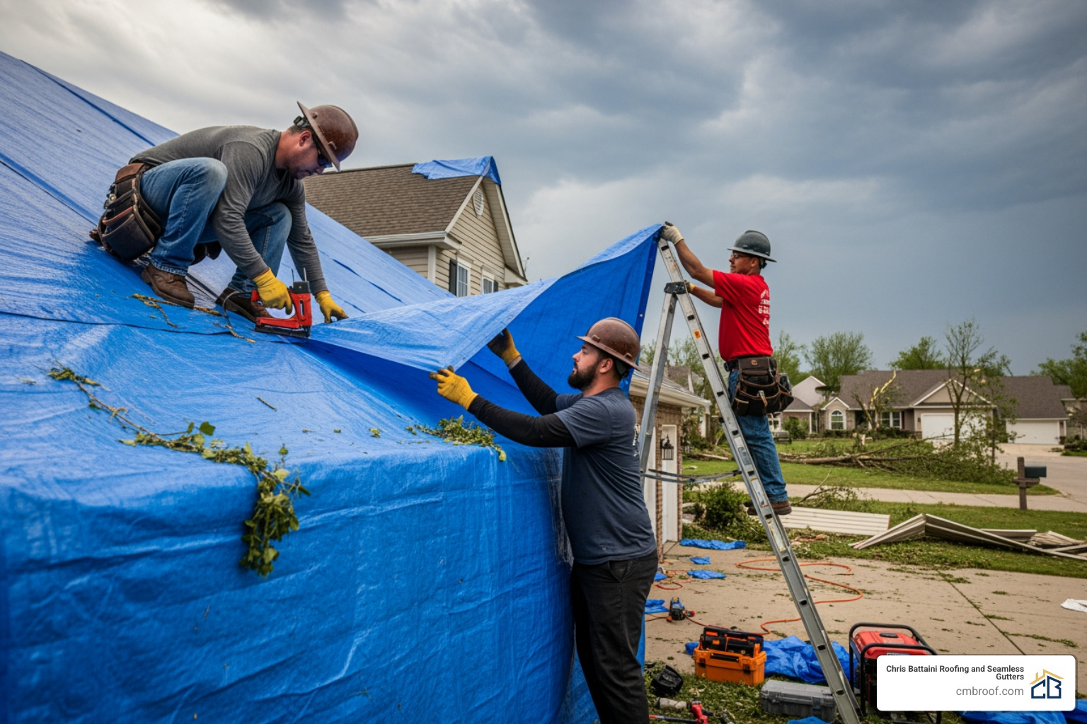 roofing crew applying an emergency tarp to a storm-damaged roof - emergency storm damage repair