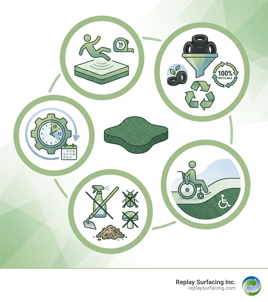 Infographic showing the top 5 benefits of a rubber crumb play surface in Phoenix: 1. Safety - Superior impact absorption with fall height ratings up to 16 feet, 2. Durability - 10-15 year lifespan with minimal degradation, 3. Low Maintenance - No annual replacement needed, pest and mold resistant, 4. Accessibility - ADA compliant seamless surfaces for wheelchair access, 5. Eco-Friendly - Diverts millions of tires from landfills, 100% recyclable material - rubber crumb play surface Phoenix infographic 