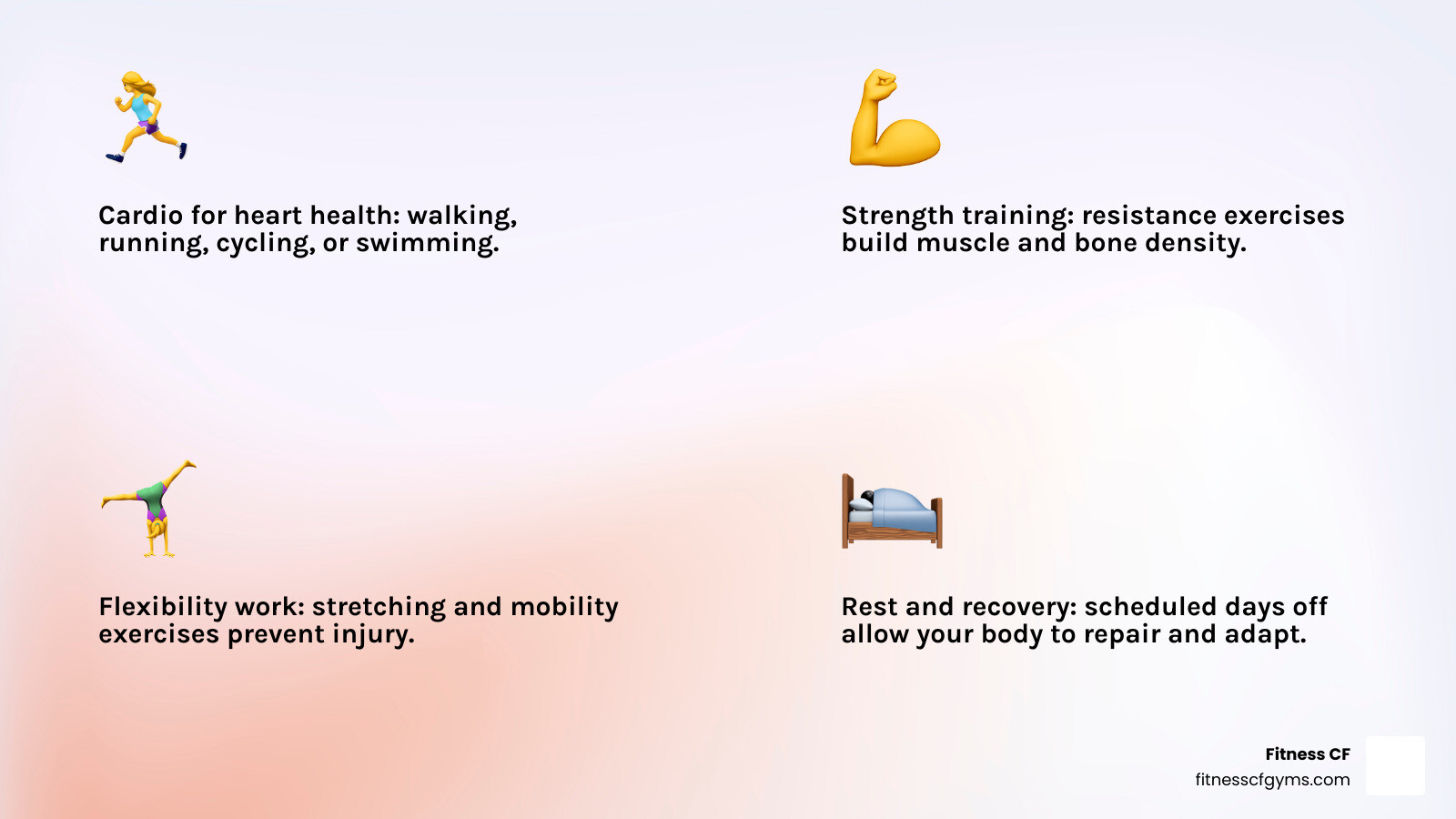 infographic showing four pillars of fitness: cardio for heart health with running icon, strength training for muscle building with dumbbell icon, flexibility for injury prevention with stretching icon, and recovery for muscle repair with rest icon - workout plans infographic 4_facts_emoji_light-gradient infographic showing four pillars of fitness: cardio for heart health with running icon, strength training for muscle building with dumbbell icon, flexibility for injury prevention with stretching icon, and recovery for muscle repair with rest icon - workout plans infographic 4_facts_emoji_light-gradient