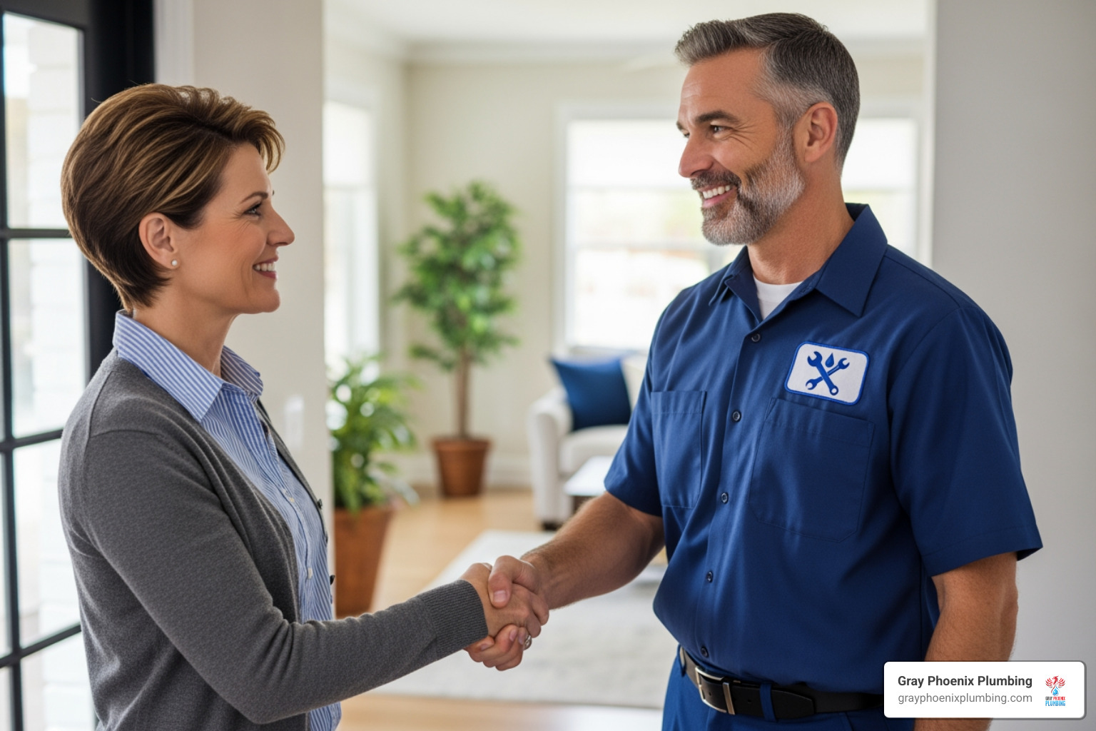 homeowner shaking hands with a friendly plumber - licensed plumbers denver homeowner shaking hands with a friendly plumber - licensed plumbers denver