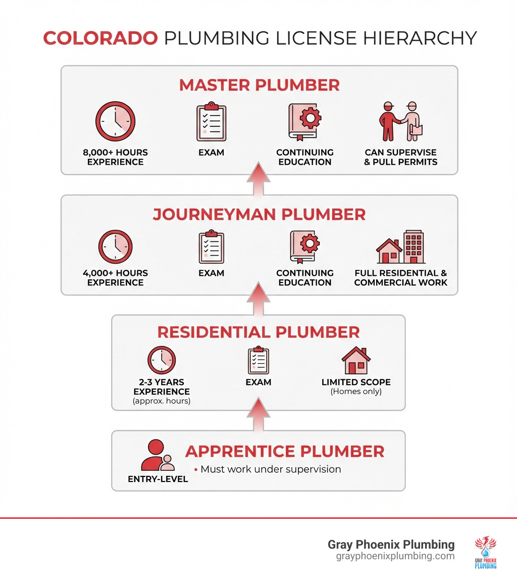 Infographic showing the hierarchy of Colorado plumbing licenses from Apprentice (entry-level, must work under supervision) to Residential Plumber (limited scope for homes) to Journeyman Plumber (4,000+ hours experience, full residential/commercial work) to Master Plumber (8,000+ hours, can supervise others and pull permits). Includes icons showing requirements like experience hours, exams, and continuing education for each level. - licensed plumbers denver infographic Infographic showing the hierarchy of Colorado plumbing licenses from Apprentice (entry-level, must work under supervision) to Residential Plumber (limited scope for homes) to Journeyman Plumber (4,000+ hours experience, full residential/commercial work) to Master Plumber (8,000+ hours, can supervise others and pull permits). Includes icons showing requirements like experience hours, exams, and continuing education for each level. - licensed plumbers denver infographic