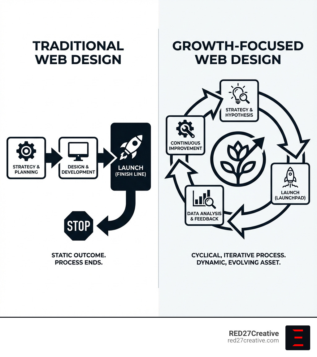 Infographic comparing traditional web design (linear process ending at launch) versus growth-focused web design (cyclical process of strategy, launch, data analysis, and continuous improvement) - Growth focused web design infographic Infographic comparing traditional web design (linear process ending at launch) versus growth-focused web design (cyclical process of strategy, launch, data analysis, and continuous improvement) - Growth focused web design infographic