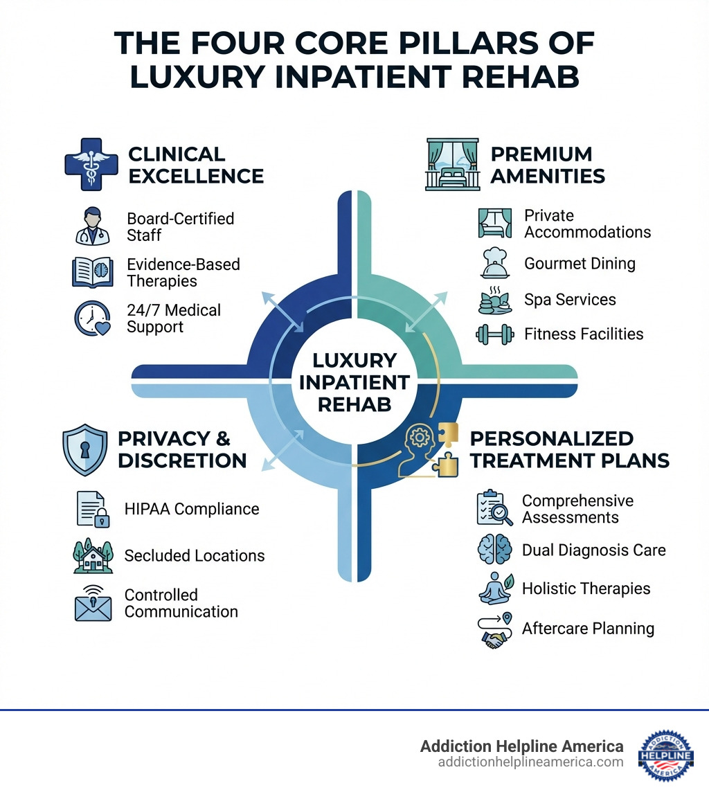 Infographic showing the four core pillars of luxury inpatient rehab: Clinical Excellence (board-certified staff, evidence-based therapies, 24/7 medical support), Premium Amenities (private accommodations, gourmet dining, spa services, fitness facilities), Privacy & Discretion (HIPAA compliance, secluded locations, controlled communication), and Personalized Treatment Plans (comprehensive assessments, dual diagnosis care, holistic therapies, aftercare planning) - Luxury inpatient rehab infographic Infographic showing the four core pillars of luxury inpatient rehab: Clinical Excellence (board-certified staff, evidence-based therapies, 24/7 medical support), Premium Amenities (private accommodations, gourmet dining, spa services, fitness facilities), Privacy & Discretion (HIPAA compliance, secluded locations, controlled communication), and Personalized Treatment Plans (comprehensive assessments, dual diagnosis care, holistic therapies, aftercare planning) - Luxury inpatient rehab infographic