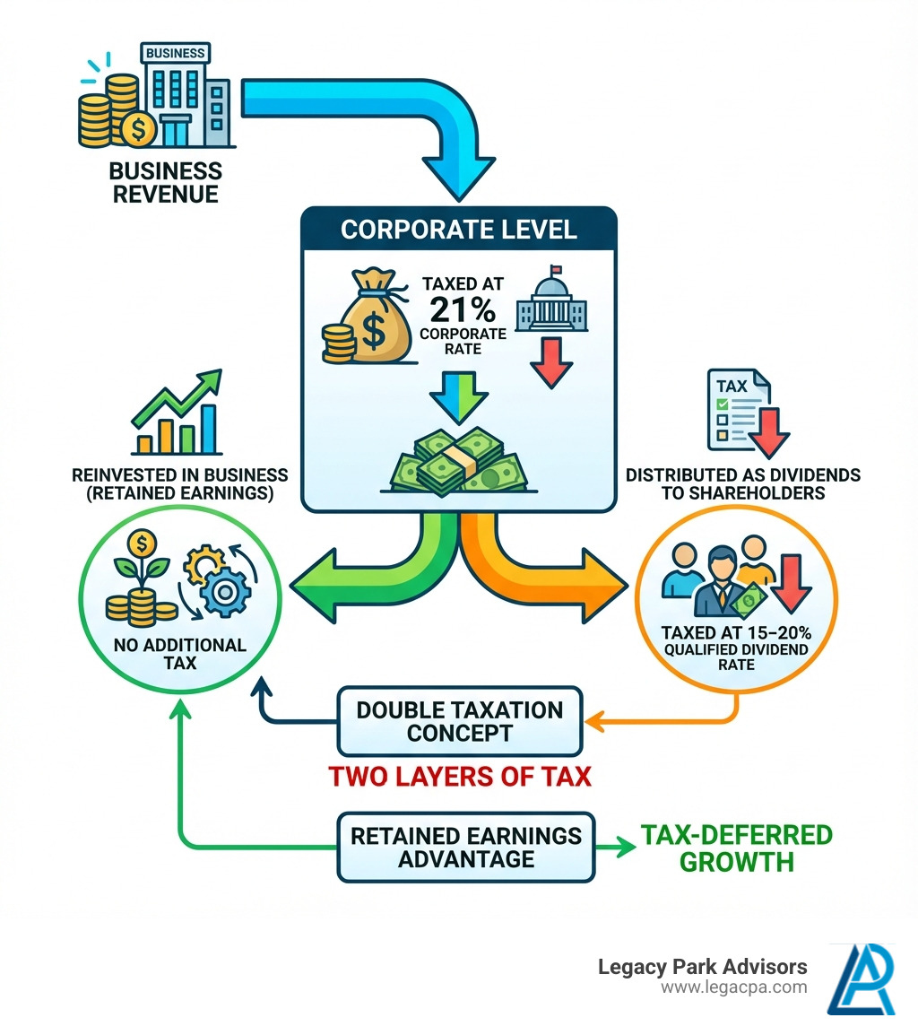 Infographic showing C Corp money flow: Business Revenue flows to Corporate Level (taxed at 21% corporate rate), remaining profits either reinvested in business (no additional tax) or distributed as dividends to shareholders (taxed at 15-20% qualified dividend rate), illustrating the double taxation concept and retained earnings advantage - C Corp tax advantages infographic Infographic showing C Corp money flow: Business Revenue flows to Corporate Level (taxed at 21% corporate rate), remaining profits either reinvested in business (no additional tax) or distributed as dividends to shareholders (taxed at 15-20% qualified dividend rate), illustrating the double taxation concept and retained earnings advantage - C Corp tax advantages infographic