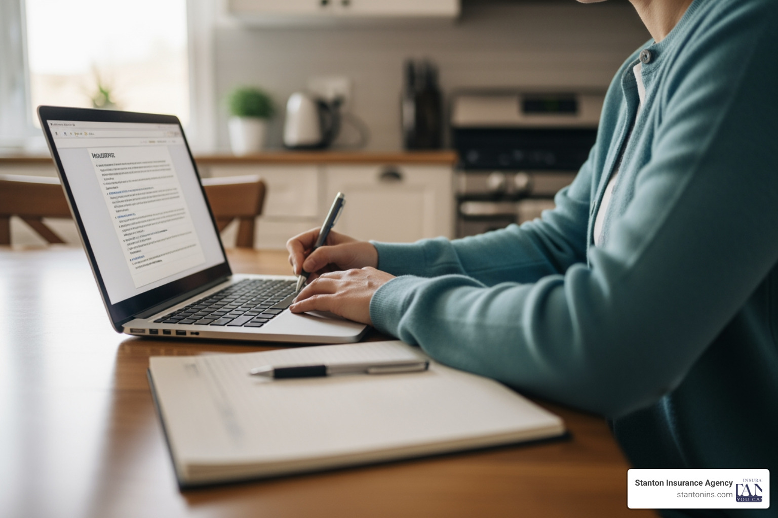 person sitting at a kitchen table with a laptop and a notepad, comparing insurance options - full coverage car insurance quotes