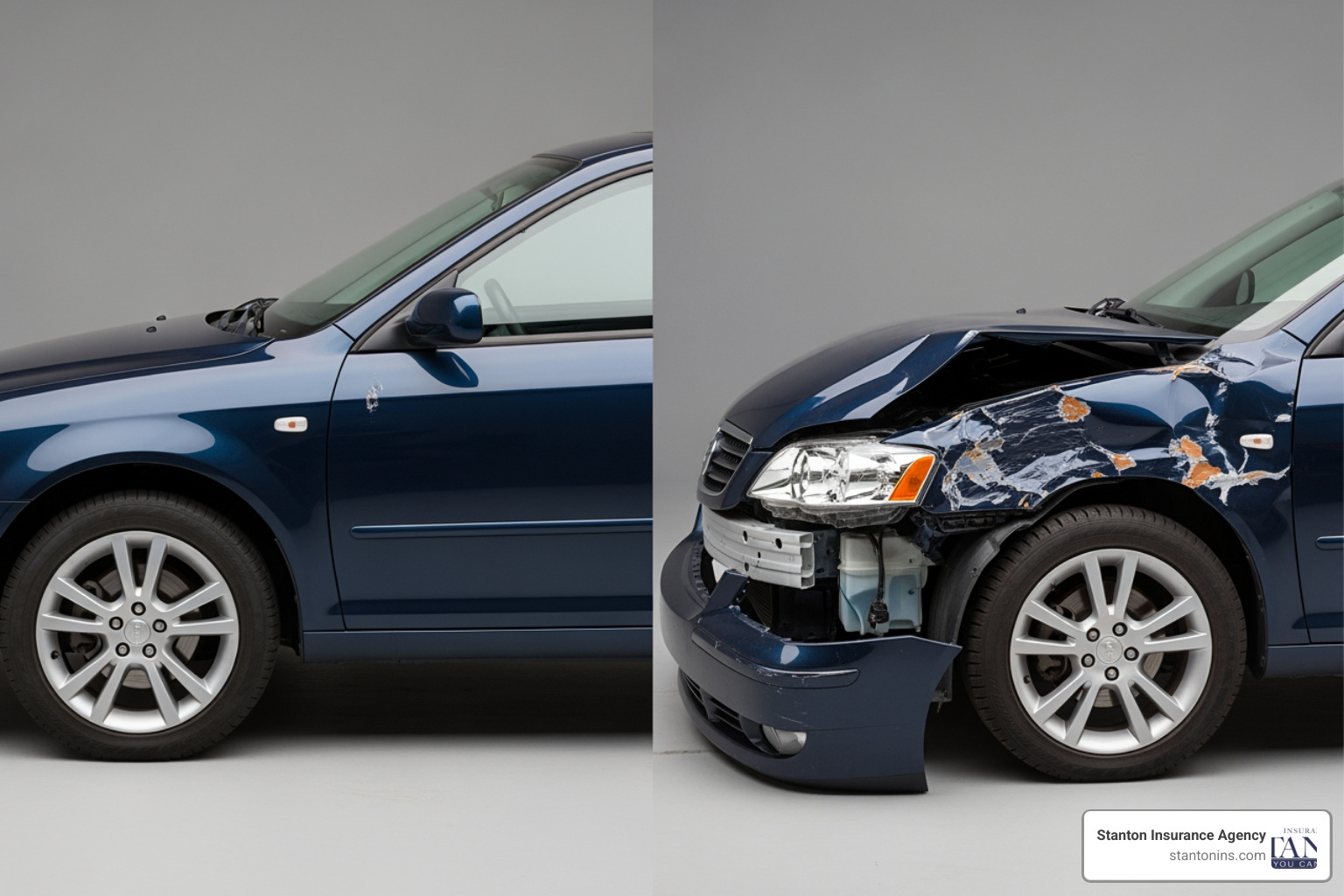 split screen showing a car with minor damage (covered by minimum) vs. a car with major damage (needing full coverage) - full coverage car insurance quotes
