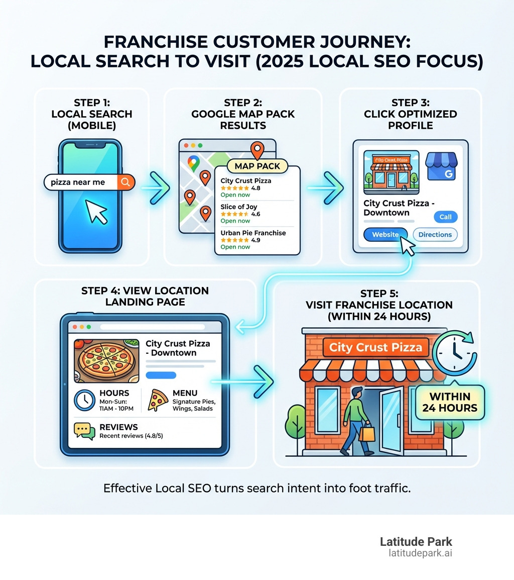 Infographic showing the customer journey from local search to franchise visit: Step 1 - Customer searches "pizza near me" on mobile; Step 2 - Google shows Map Pack results with franchise locations; Step 3 - Customer clicks on optimized Google Business Profile; Step 4 - Customer views location landing page with hours, menu, and reviews; Step 5 - Customer visits franchise location within 24 hours - local seo strategy for franchises infographic 