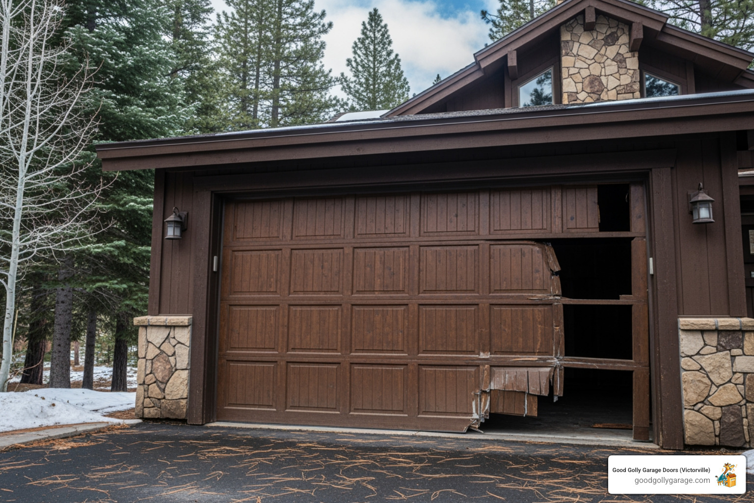 Infographic showing the top 5 warning signs your garage door needs immediate repair: 1) Door won't open or close completely, 2) Loud grinding or scraping noises during operation, 3) Door moves unevenly or appears crooked, 4) Visible gaps when door is closed, 5) Broken or frayed cables and springs - broken garage door repair in crestline ca